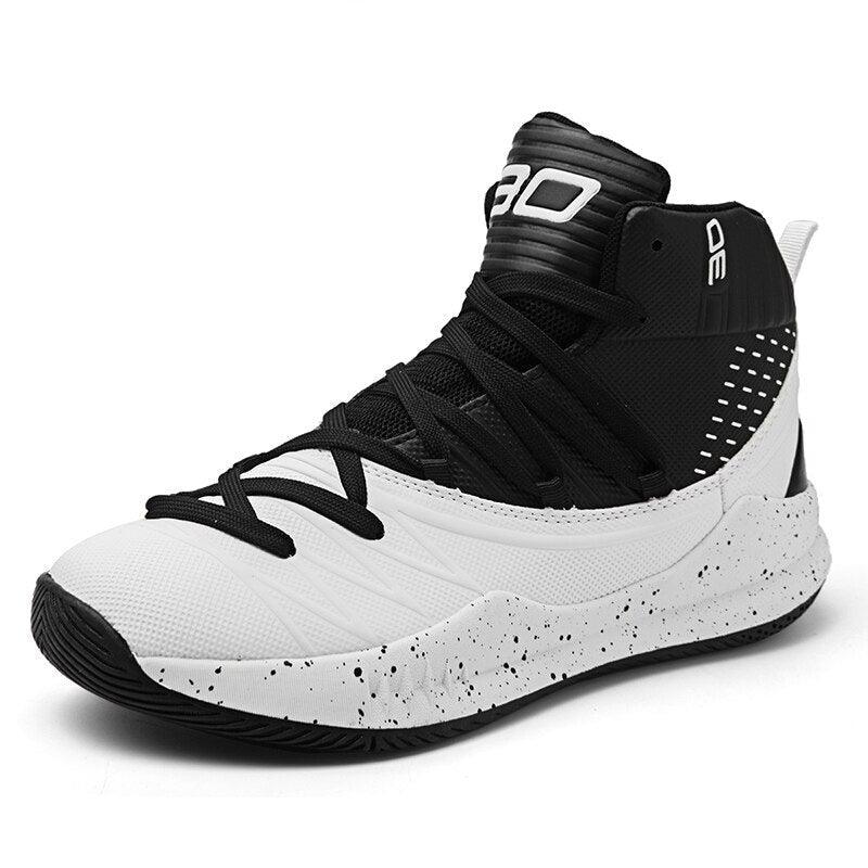 Men's black and white high-top basketball sneakers with durable rubber outsole and woven athletic fabric