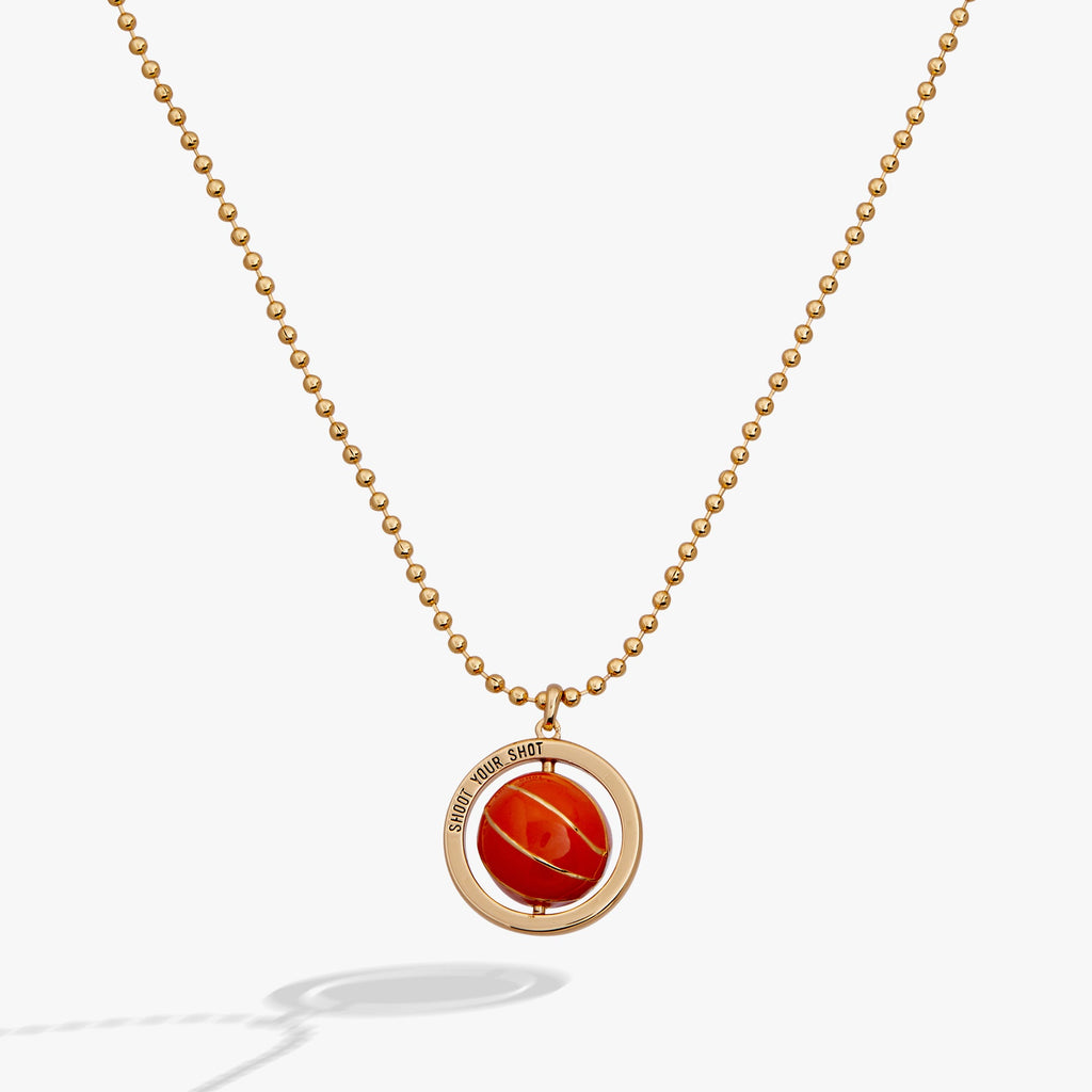 Gold and orange basketball spinner pendant featuring 'SHOOT YOUR SHOT' engraving on the rim.