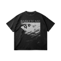 Front and back view of a black garment-dyed T-shirt with a Basketcase graphic print and raw hem detail