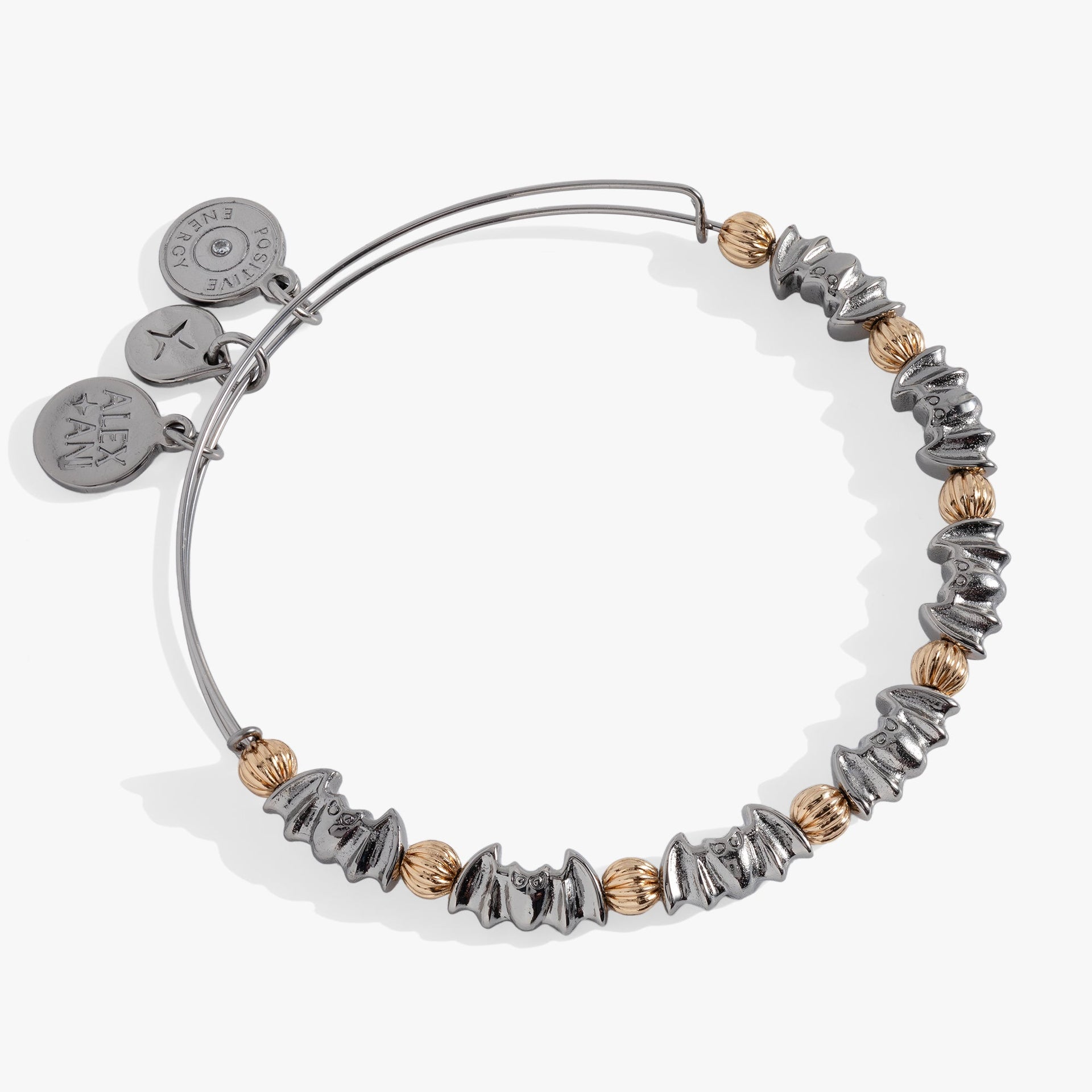 Alex and Ani beaded bat bangle featuring black bat beads and gold-tone spacers on a white background.
