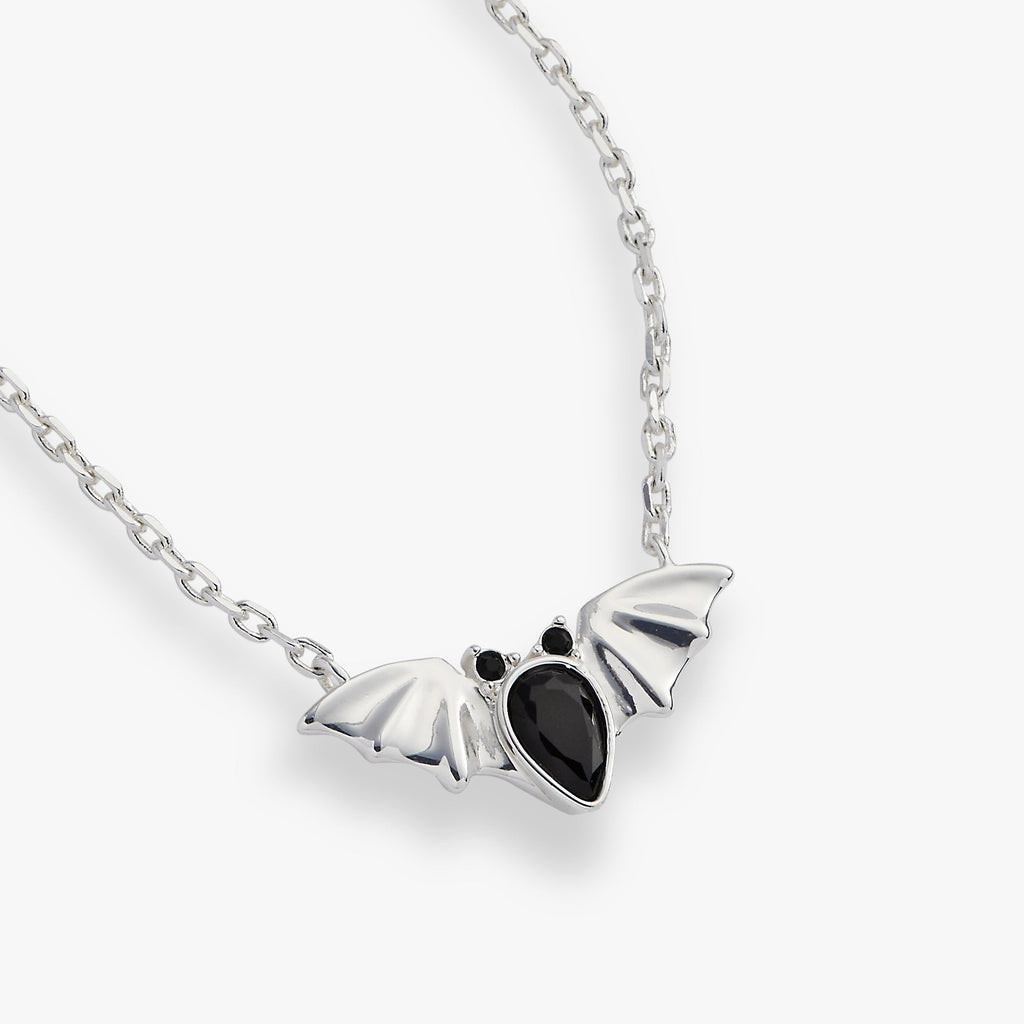 Crystal Bat Pendant Necklace in Silver with Black Teardrop Stones