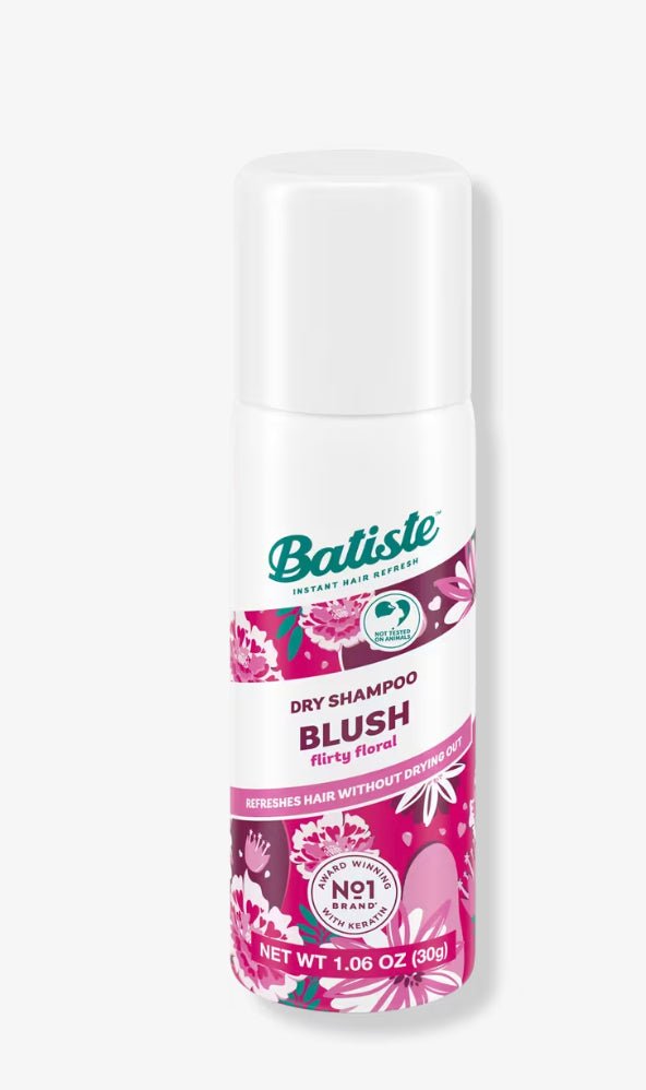 Batiste Dry Shampoo Blush Flirty Floral 1.06 oz travel size bottle on a white background