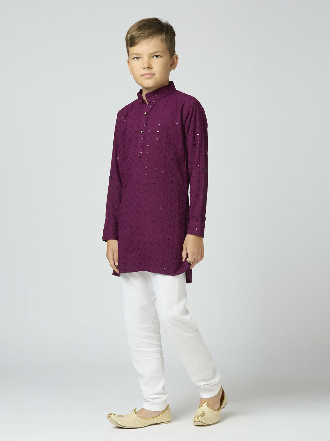 Boys Cotton Kurta and Pyjama Set with Sequin Work in Wine