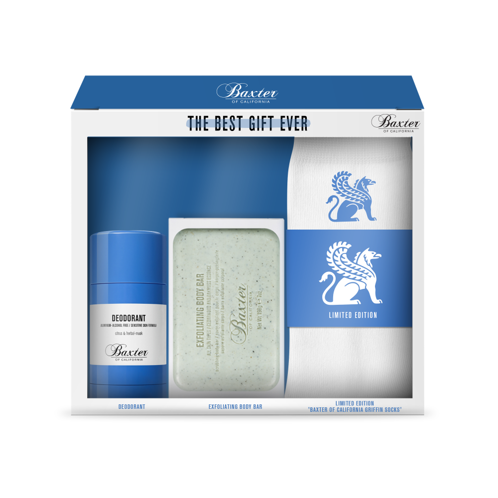Baxter Best Gift Ever Bath and Body Gift Set including deodorant, exfoliating body bar, and limited edition socks.