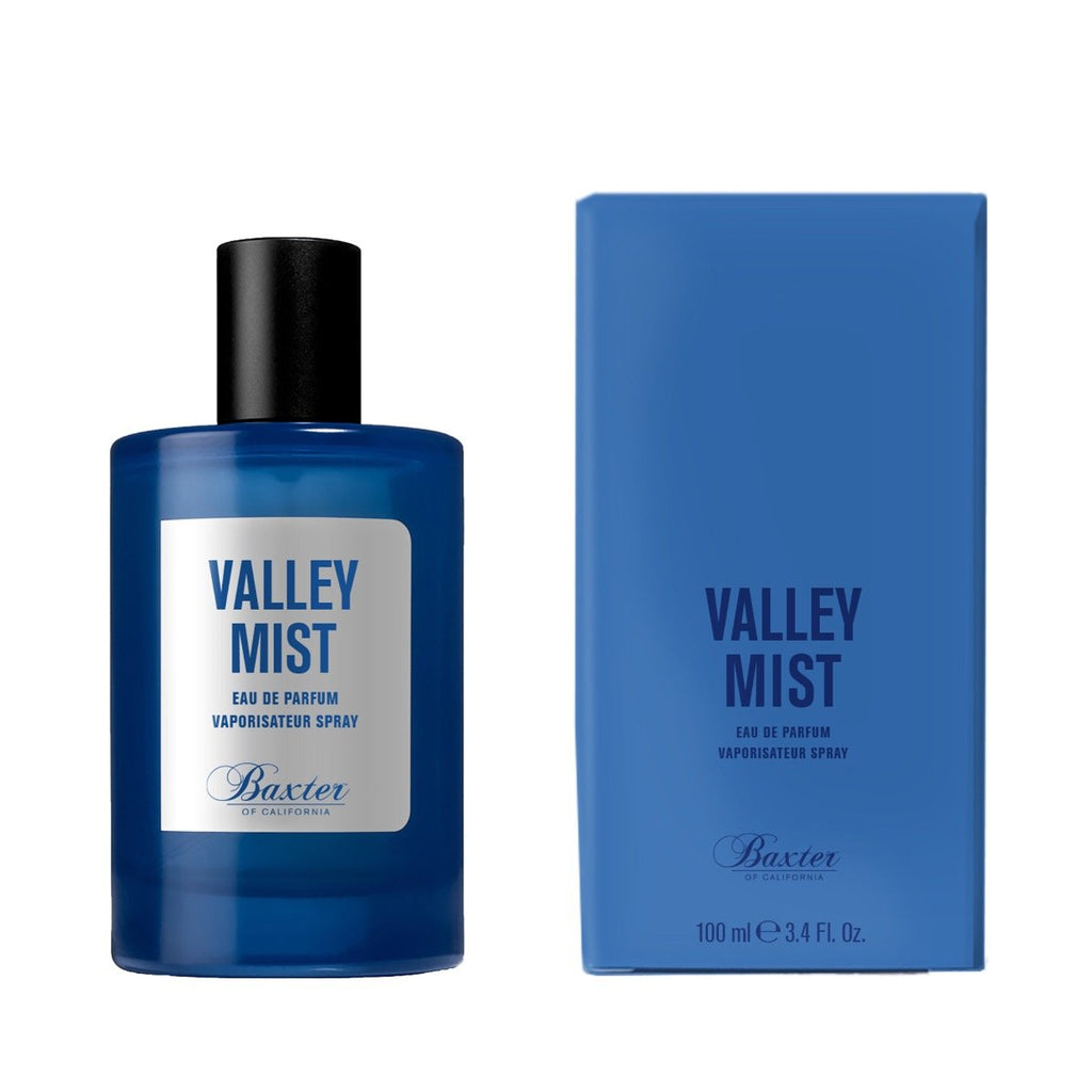 Baxter of California Valley Mist perfume bottle in minimalist blue and white design