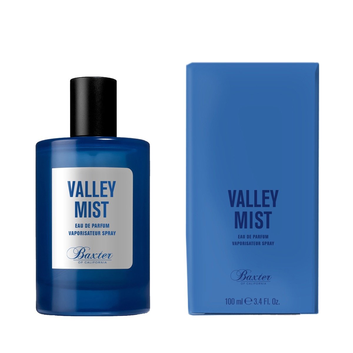 Baxter of California Valley Mist perfume bottle in minimalist blue and white design