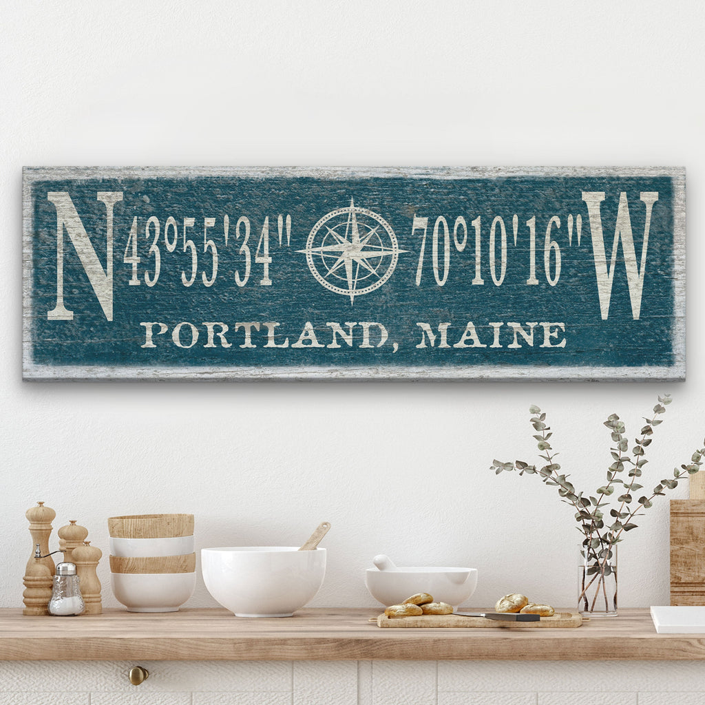 Personalized canvas sign featuring a distressed compass rose and custom GPS coordinates