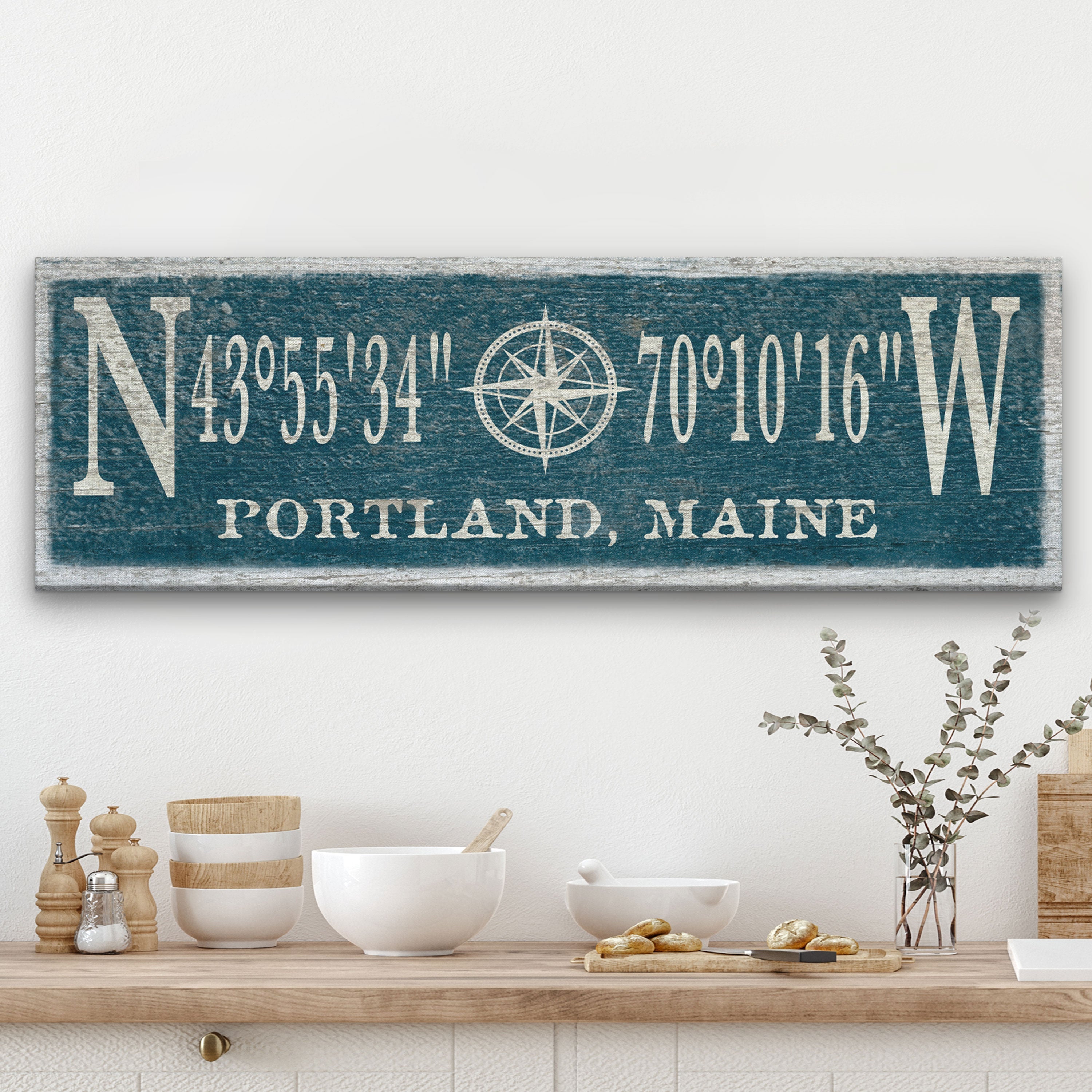 Personalized canvas sign featuring a distressed compass rose and custom GPS coordinates