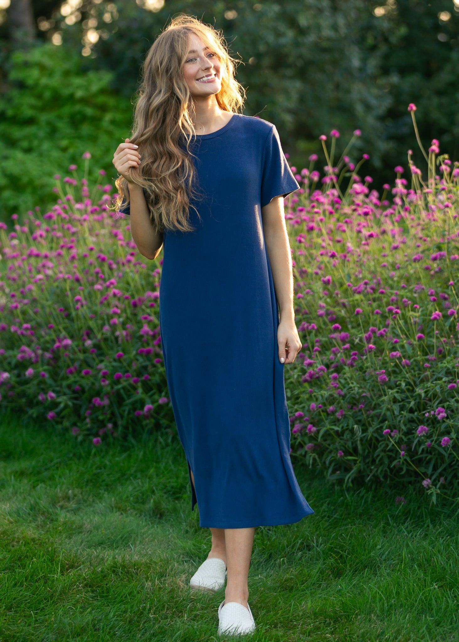 Baylor Navy Ribbed Knit Midi T-Shirt Dress