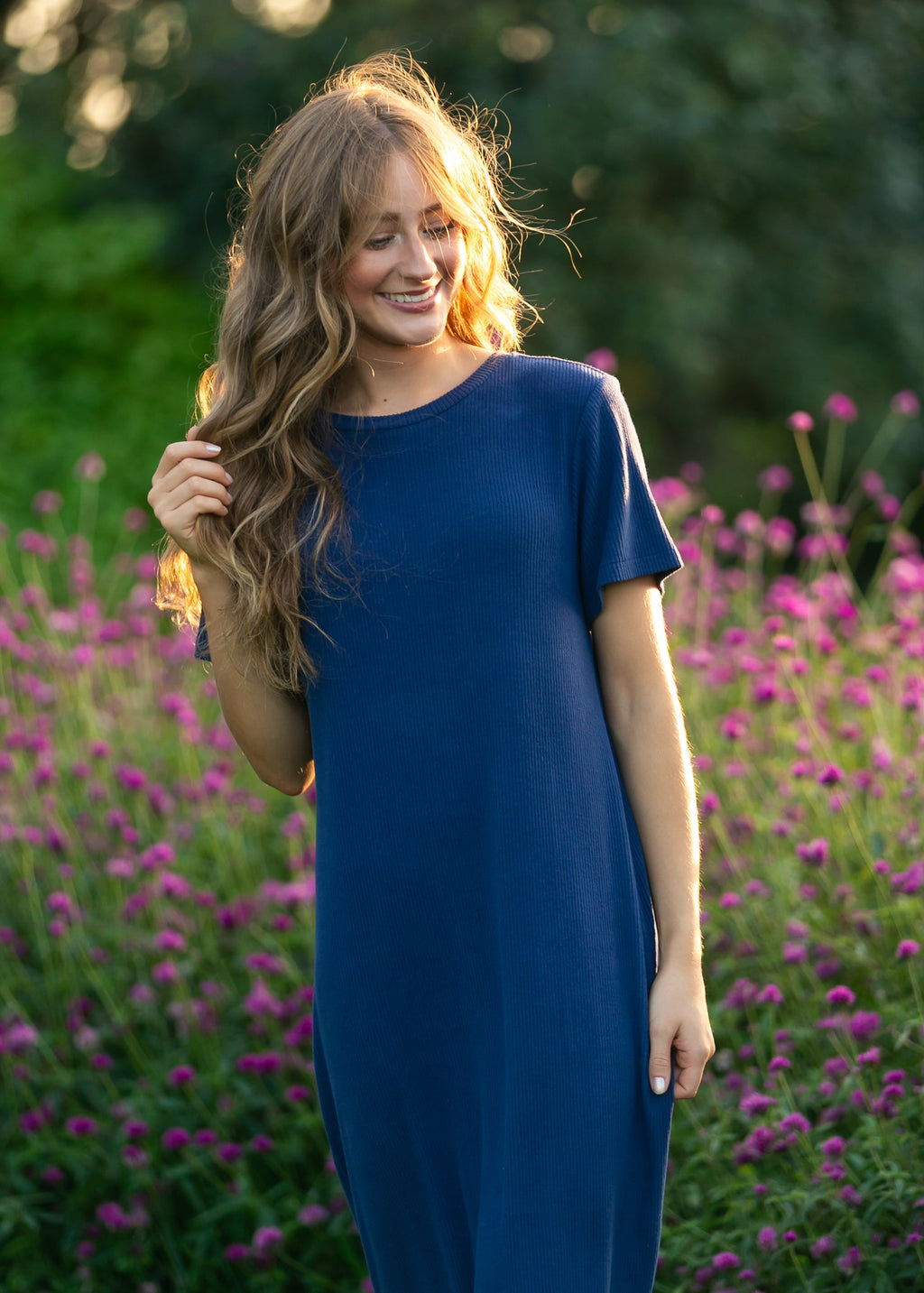 Baylor Navy Ribbed Knit Midi T-Shirt Dress