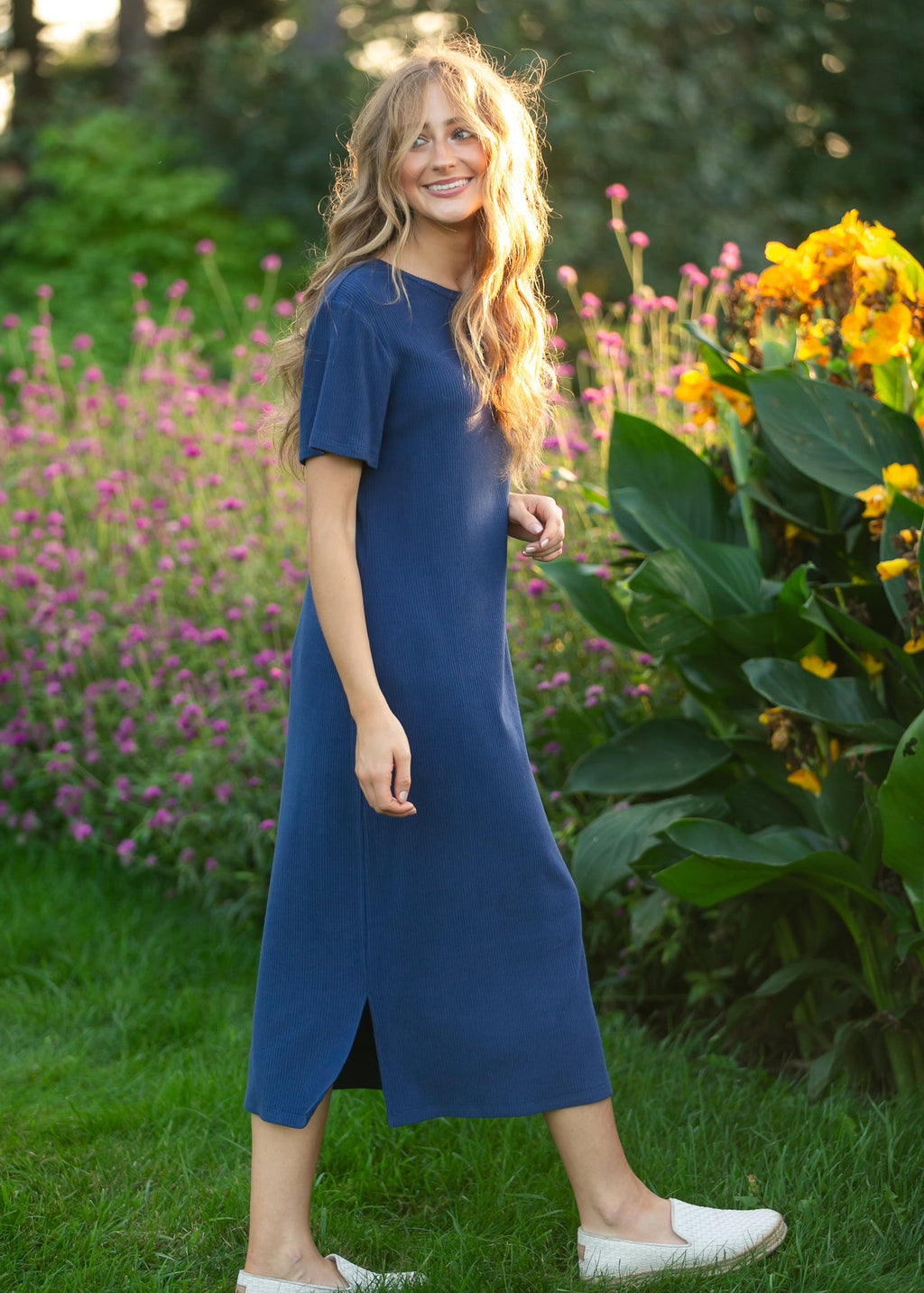 Baylor Navy Ribbed Knit Midi T-Shirt Dress