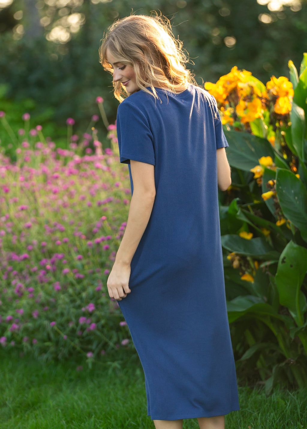 Baylor Navy Ribbed Knit Midi T-Shirt Dress