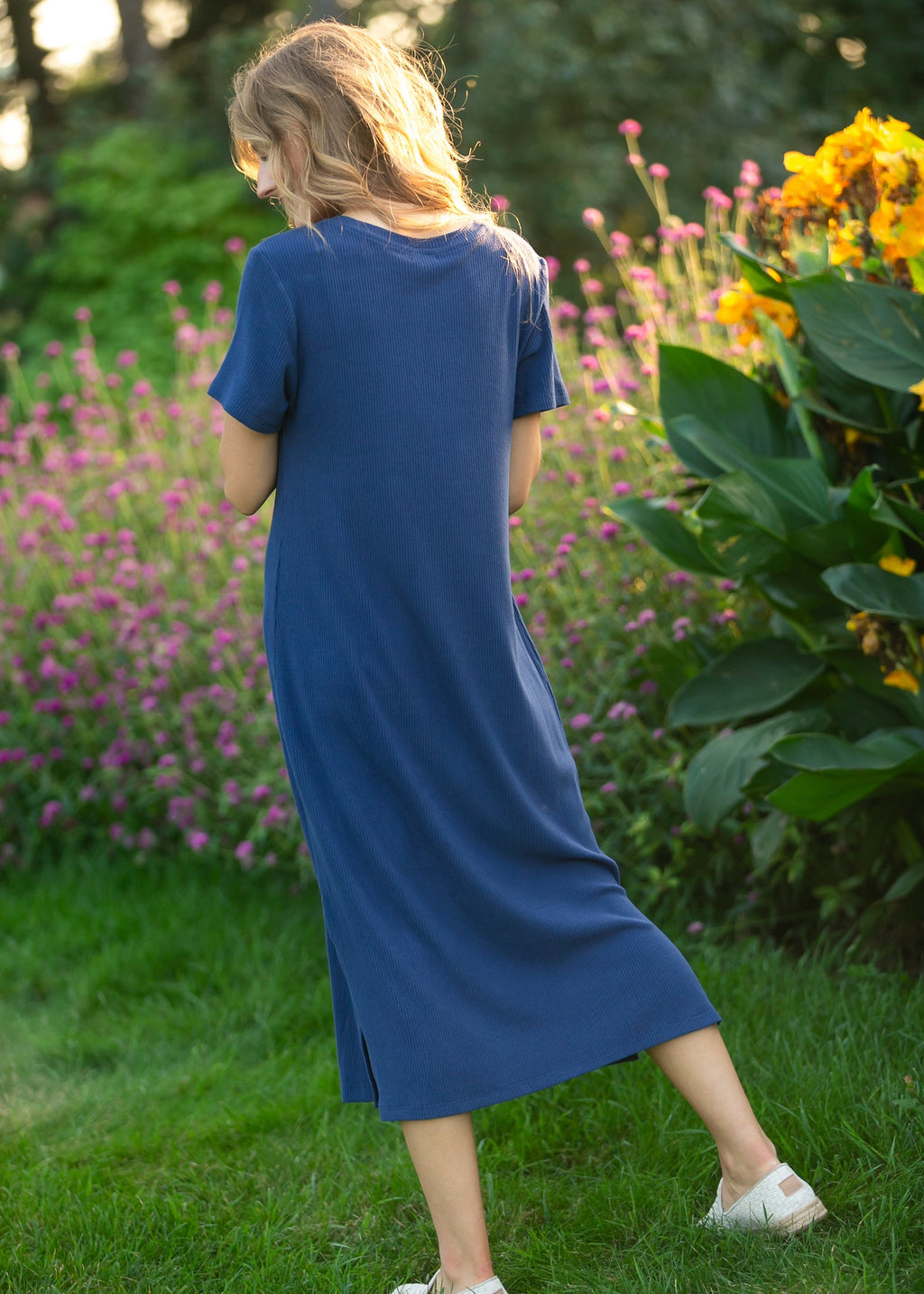 Baylor Navy Ribbed Knit Midi T-Shirt Dress