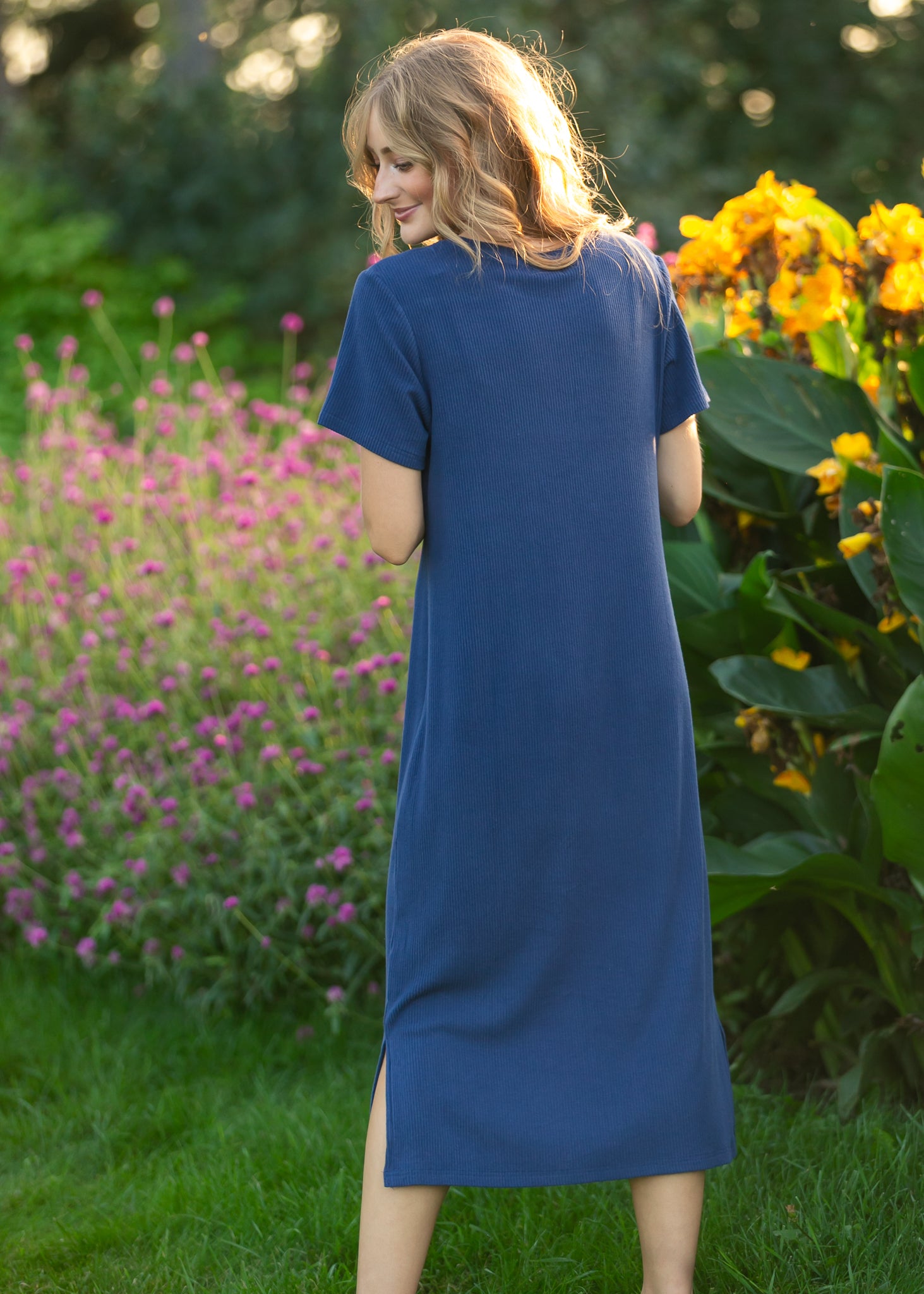 Baylor Navy Ribbed Knit Midi T-Shirt Dress