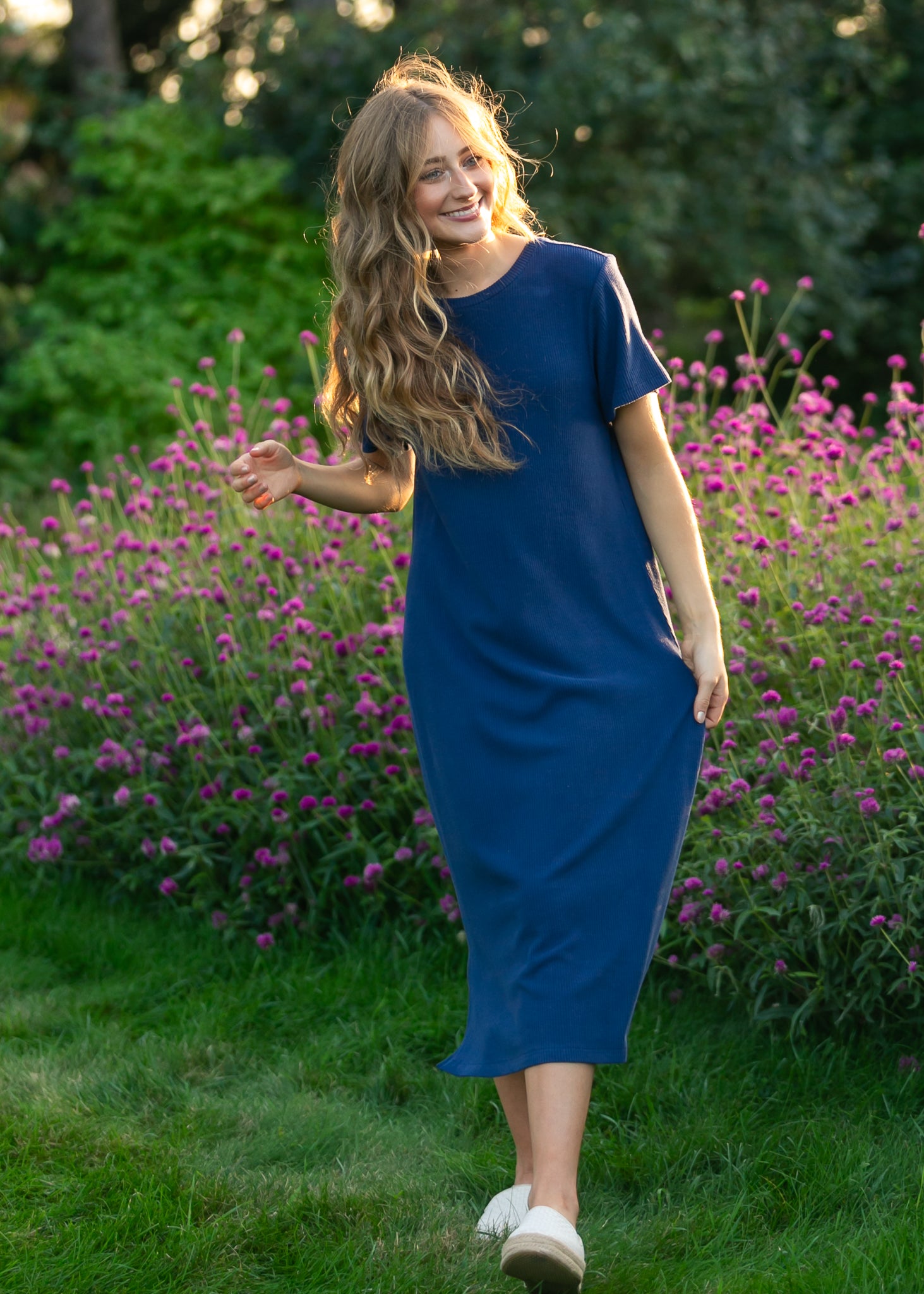 Baylor Navy Ribbed Knit Midi T-Shirt Dress