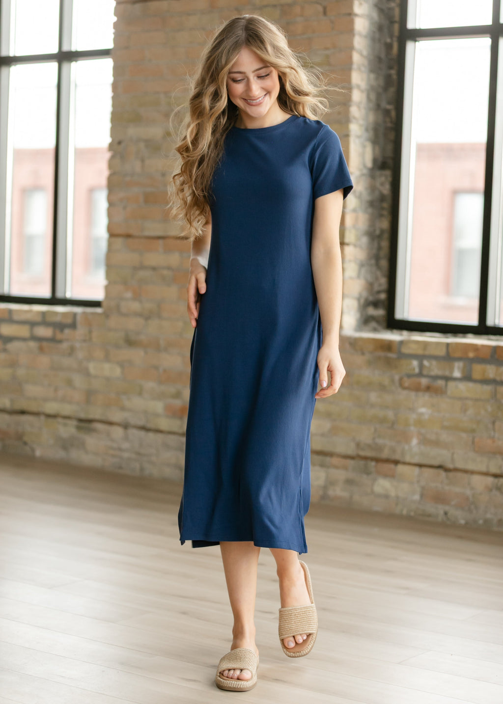 Baylor Navy Ribbed Knit Midi T-Shirt Dress