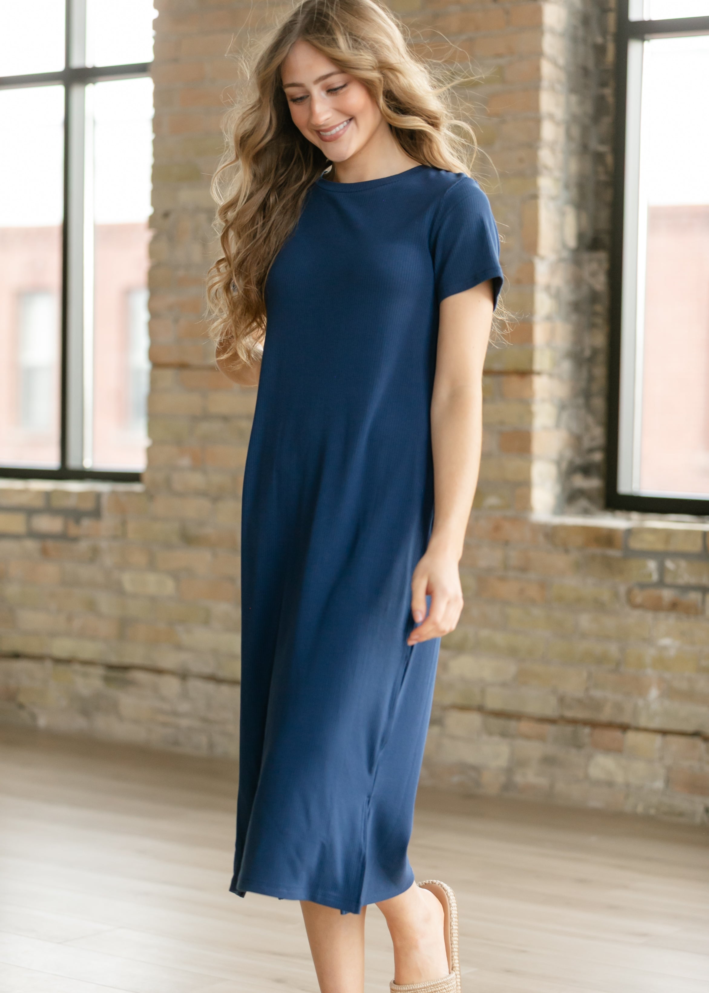 Baylor Navy Ribbed Knit Midi T-Shirt Dress