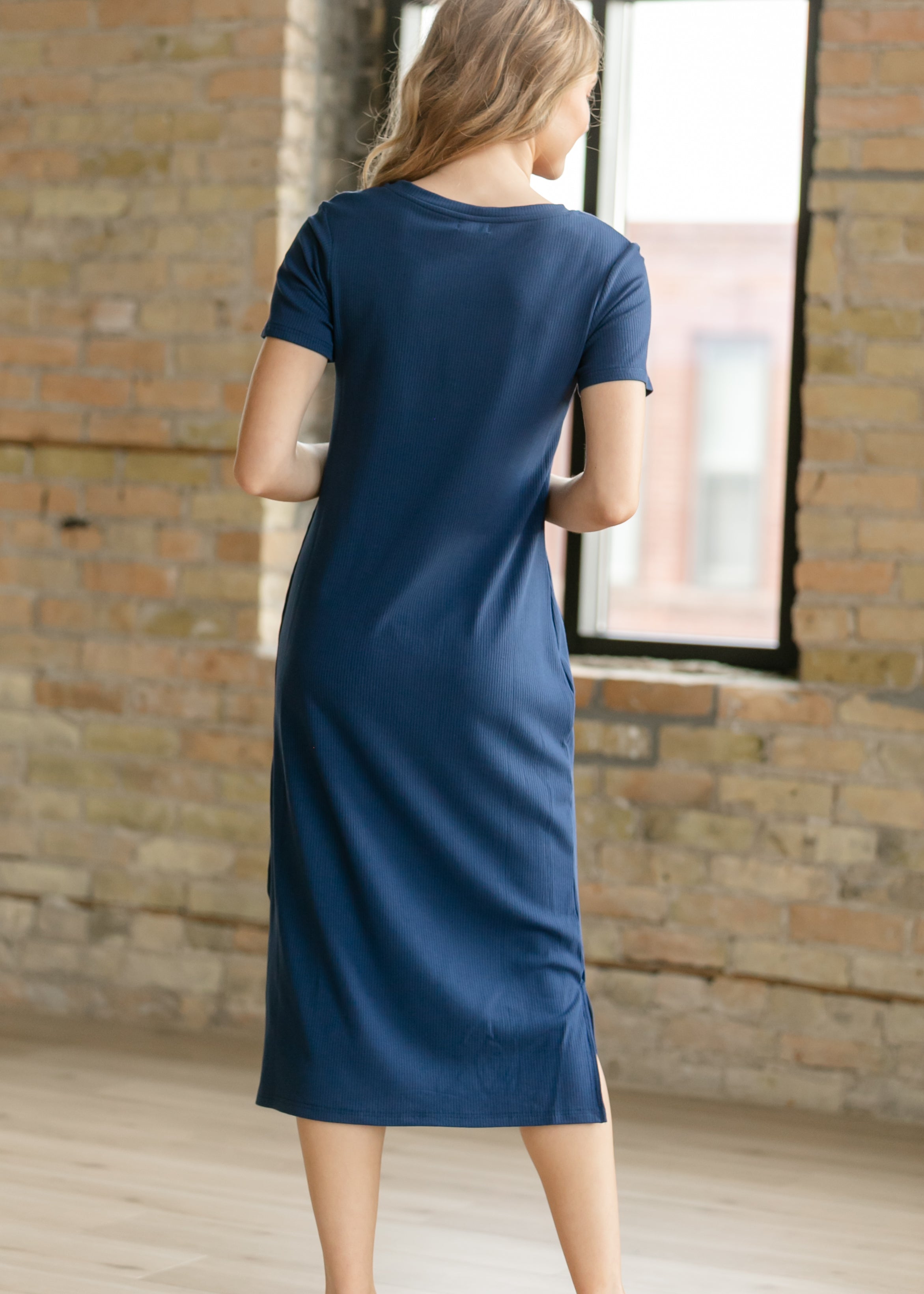 Baylor Navy Ribbed Knit Midi T-Shirt Dress