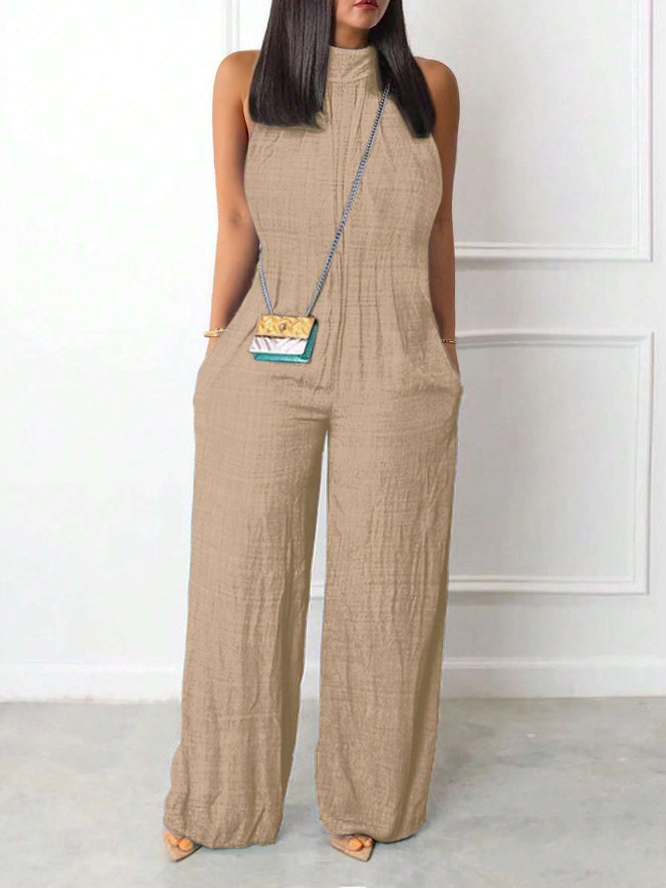 Sleeveless Halter Ruffled Cami Jumpsuit with Flared Hem