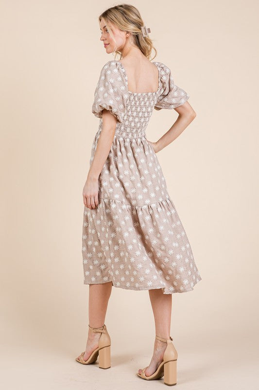 Floral Embroidered Smocked Puff Sleeve Tiered Midi Dress