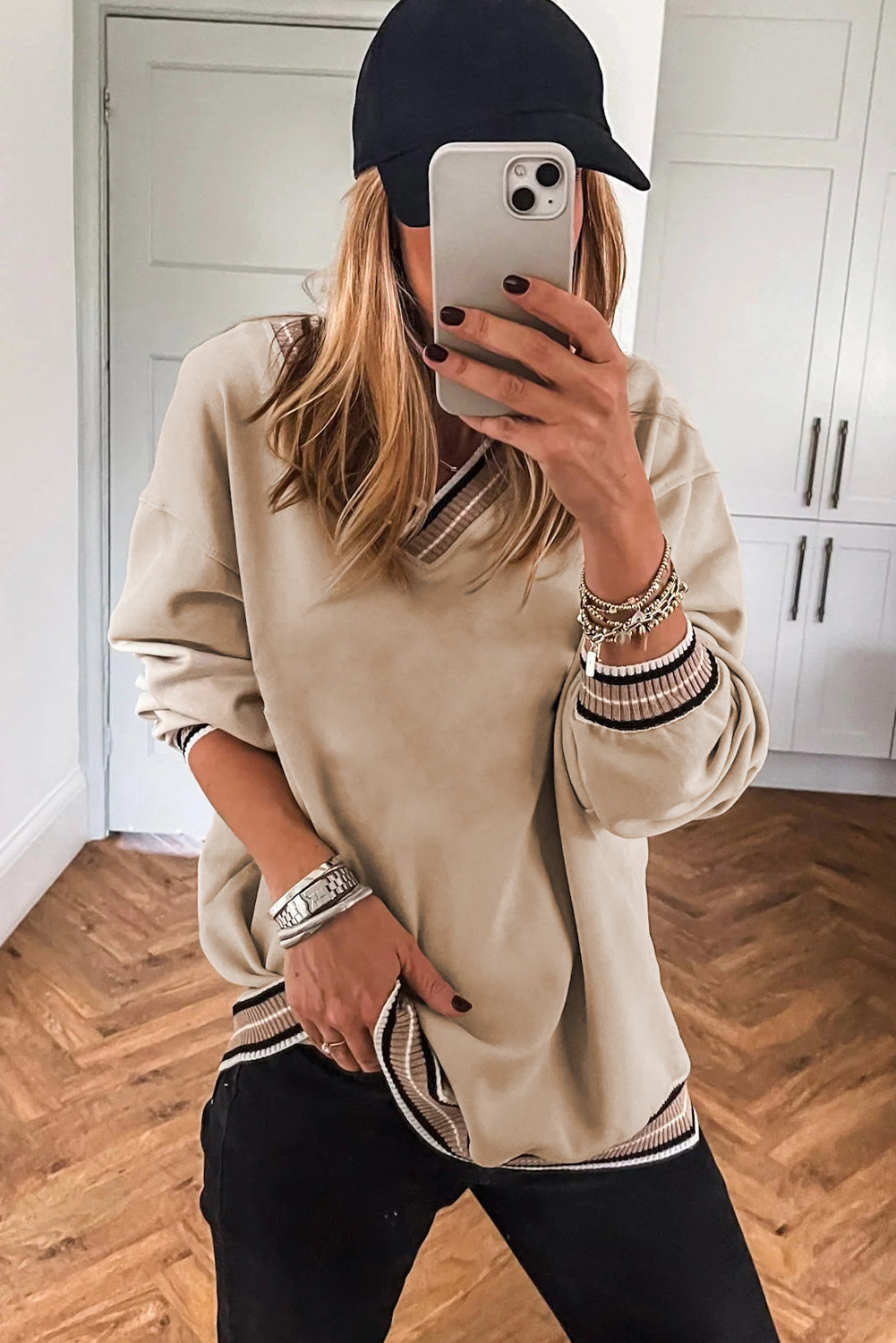 Gray Varsity V Neck Sweatshirt | Contrast Trim