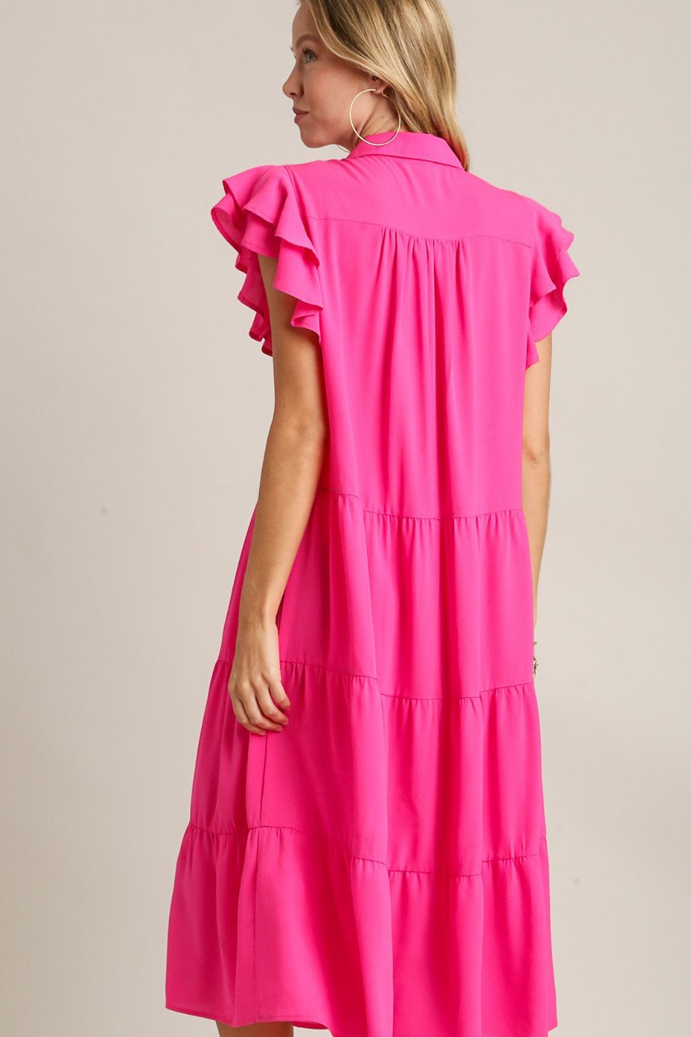 Charming Pink Ruffle Cap Sleeve Dress with Collared Neck