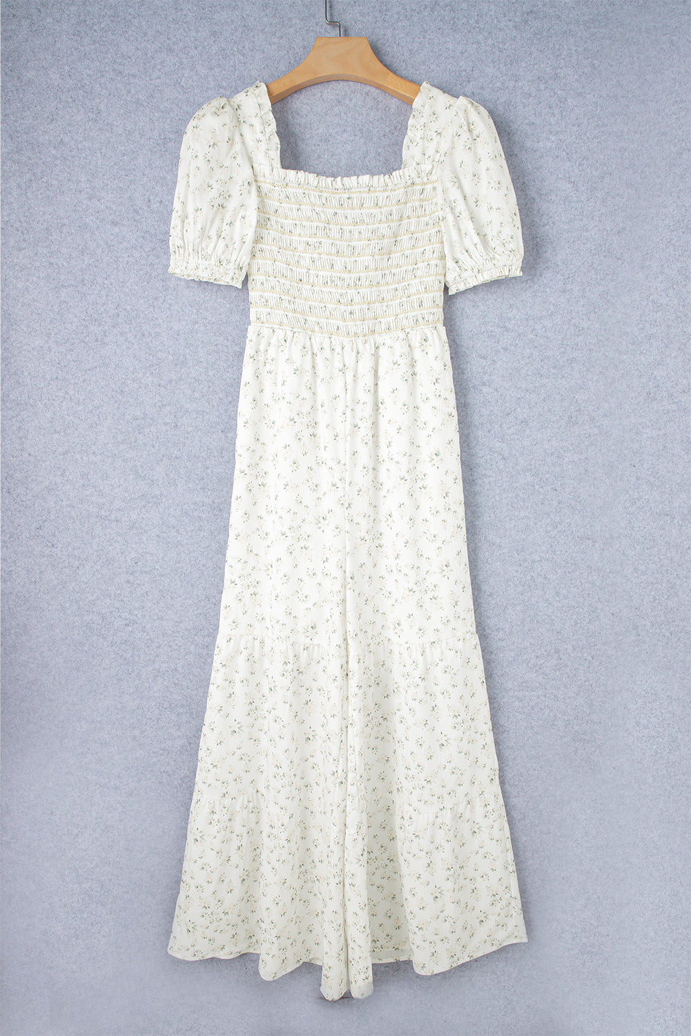 White Boho Floral Smocked Wide Leg Jumpsuit Puff Sleeve