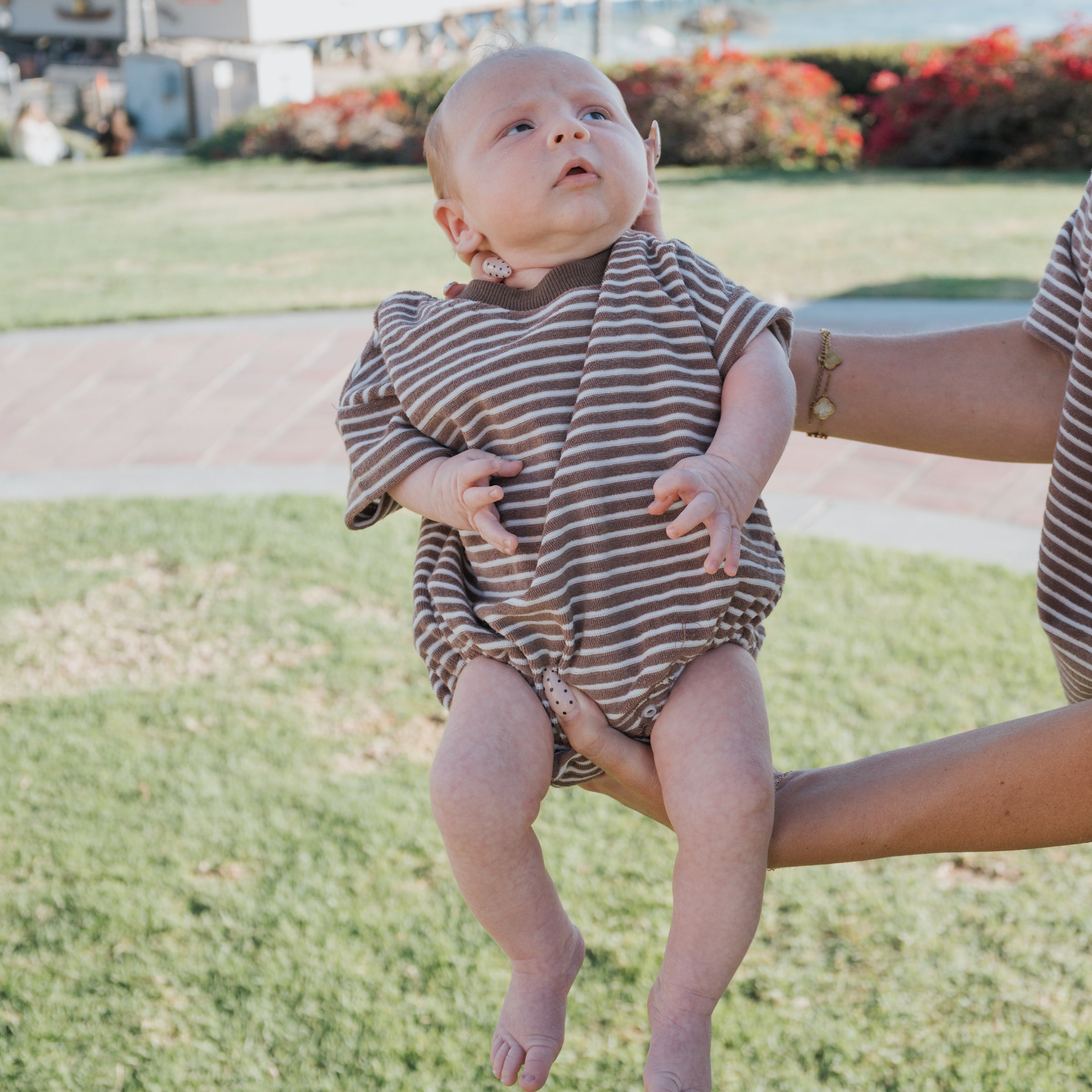 Terry T-Shirt Romper in Cola Stripe - Unisex Baby Relaxed Fit