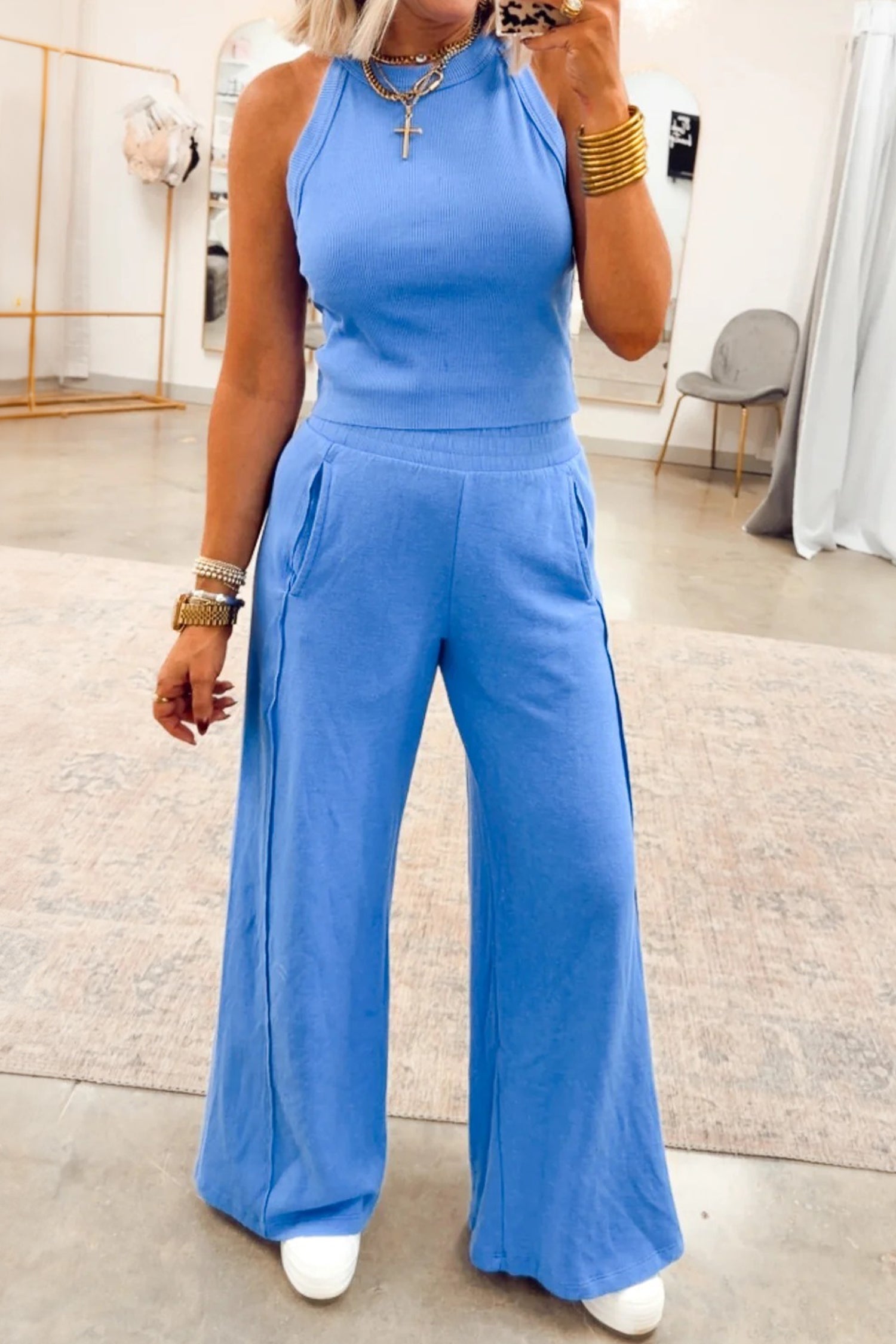 Sachet Pink Slim Ribbed Tank Top & Sweatpants Set