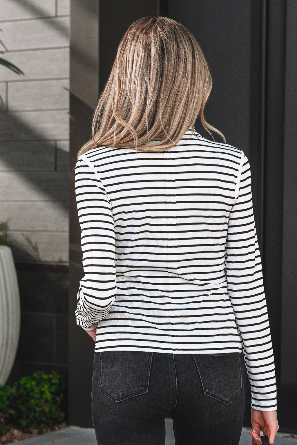 Women's Striped Ribbed Knit Long Sleeve Henley Top - Image 2