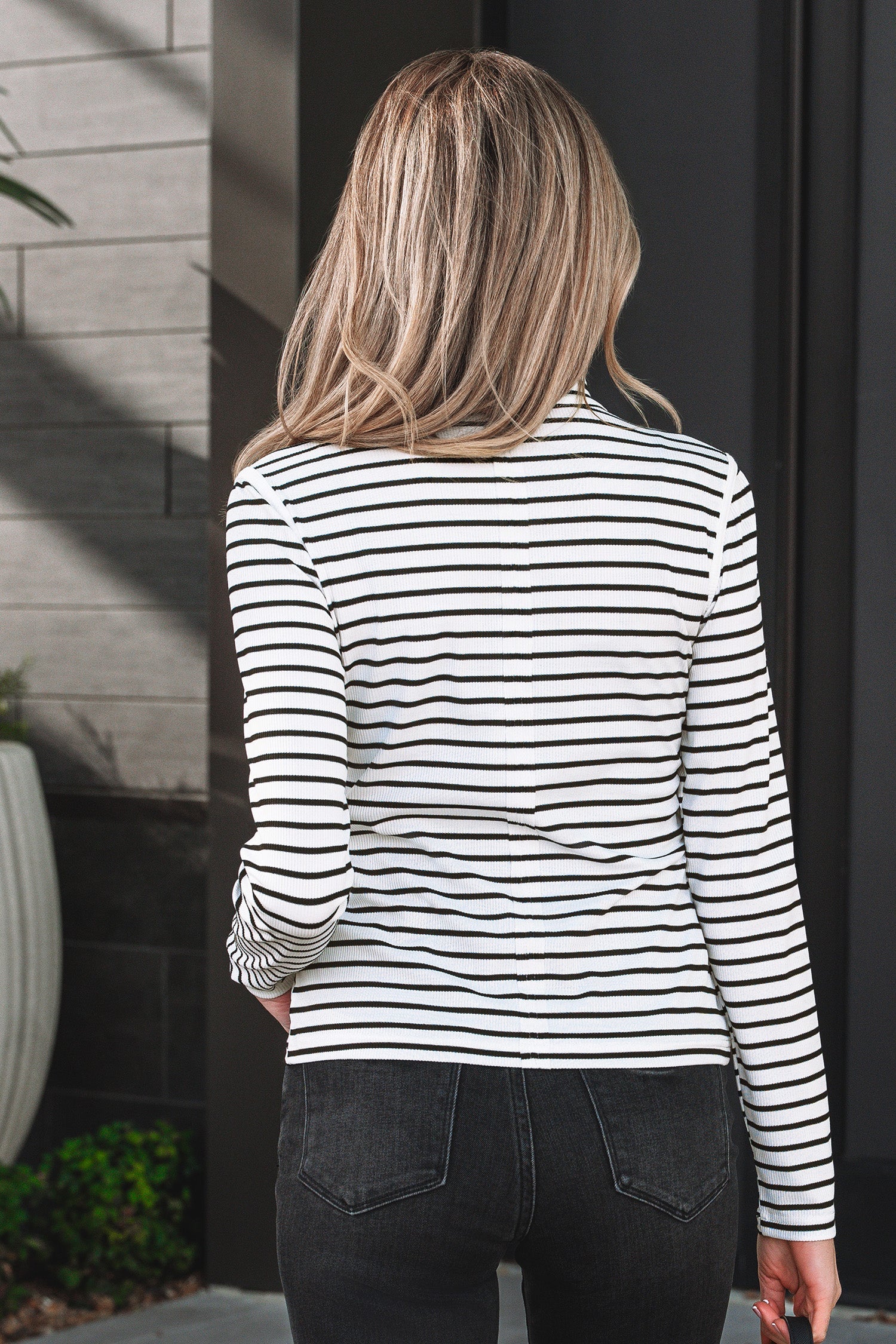 Women's Striped Ribbed Knit Long Sleeve Henley Top - Image 2