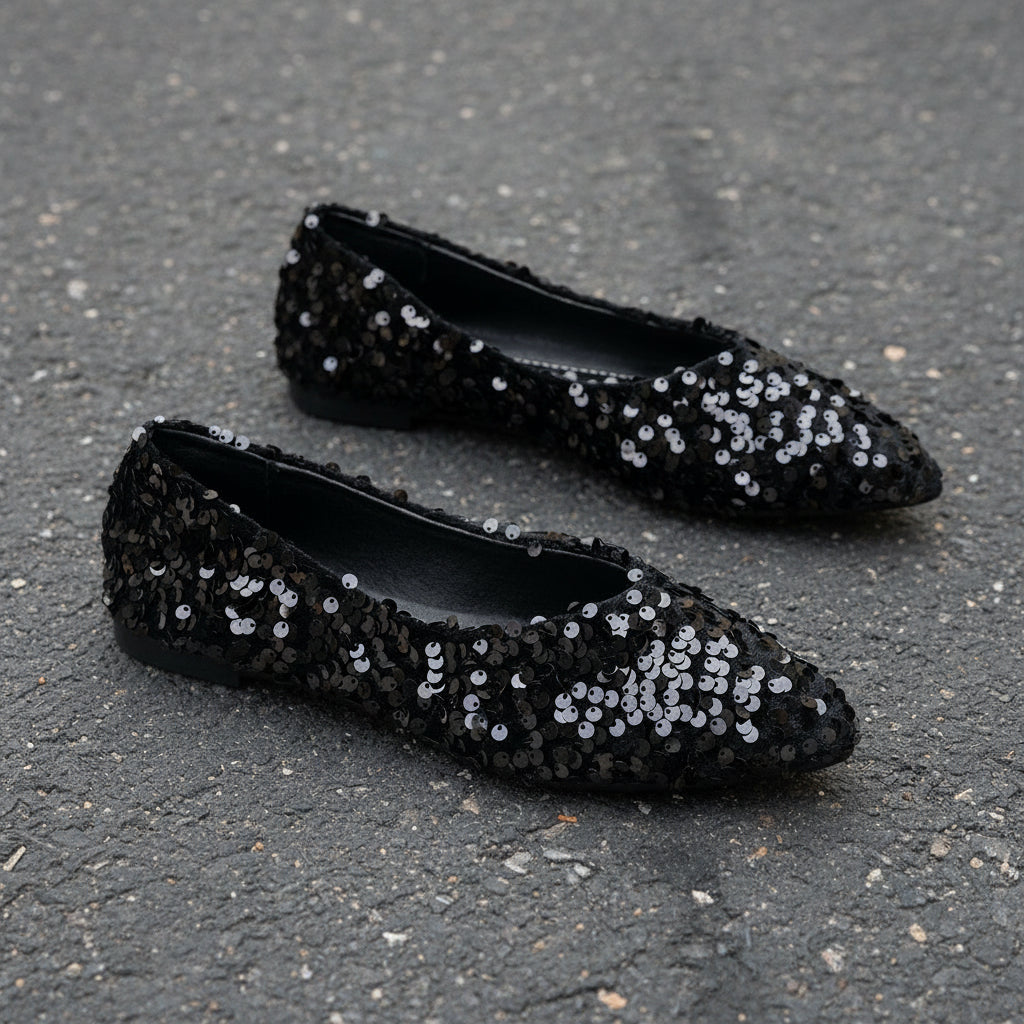 Women’s Black Sequin Pointed-Toe Flats Comfortable Casual Shoes