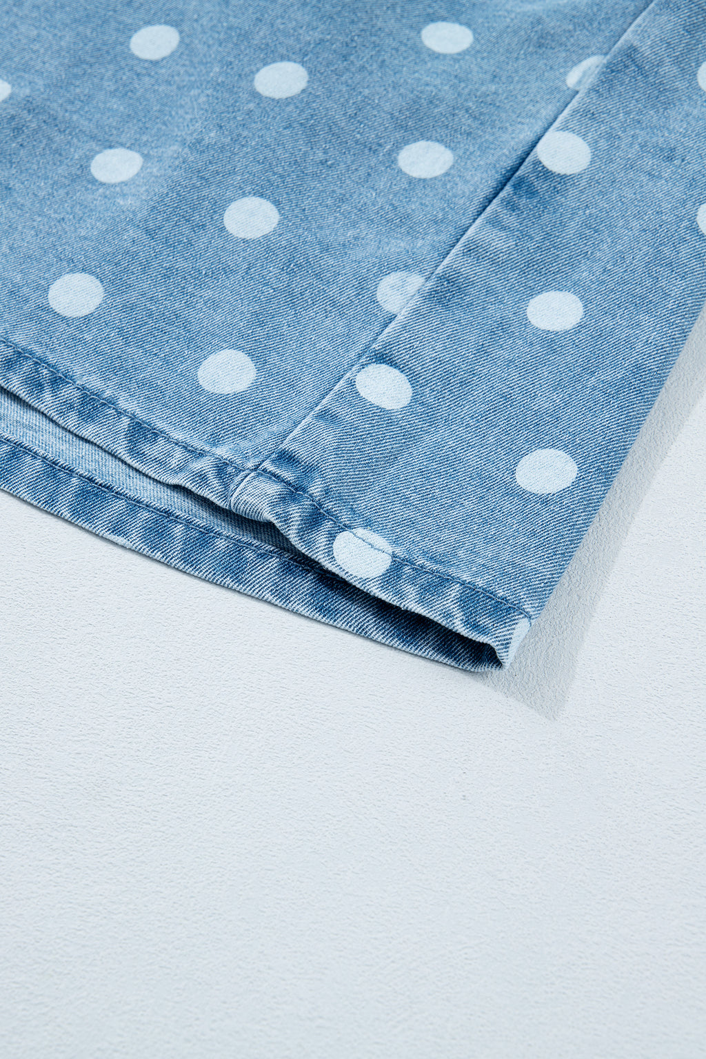 Sky Blue Polka Dot Print Ruffled Short Puff Sleeve Button Down Loose Denim Dress