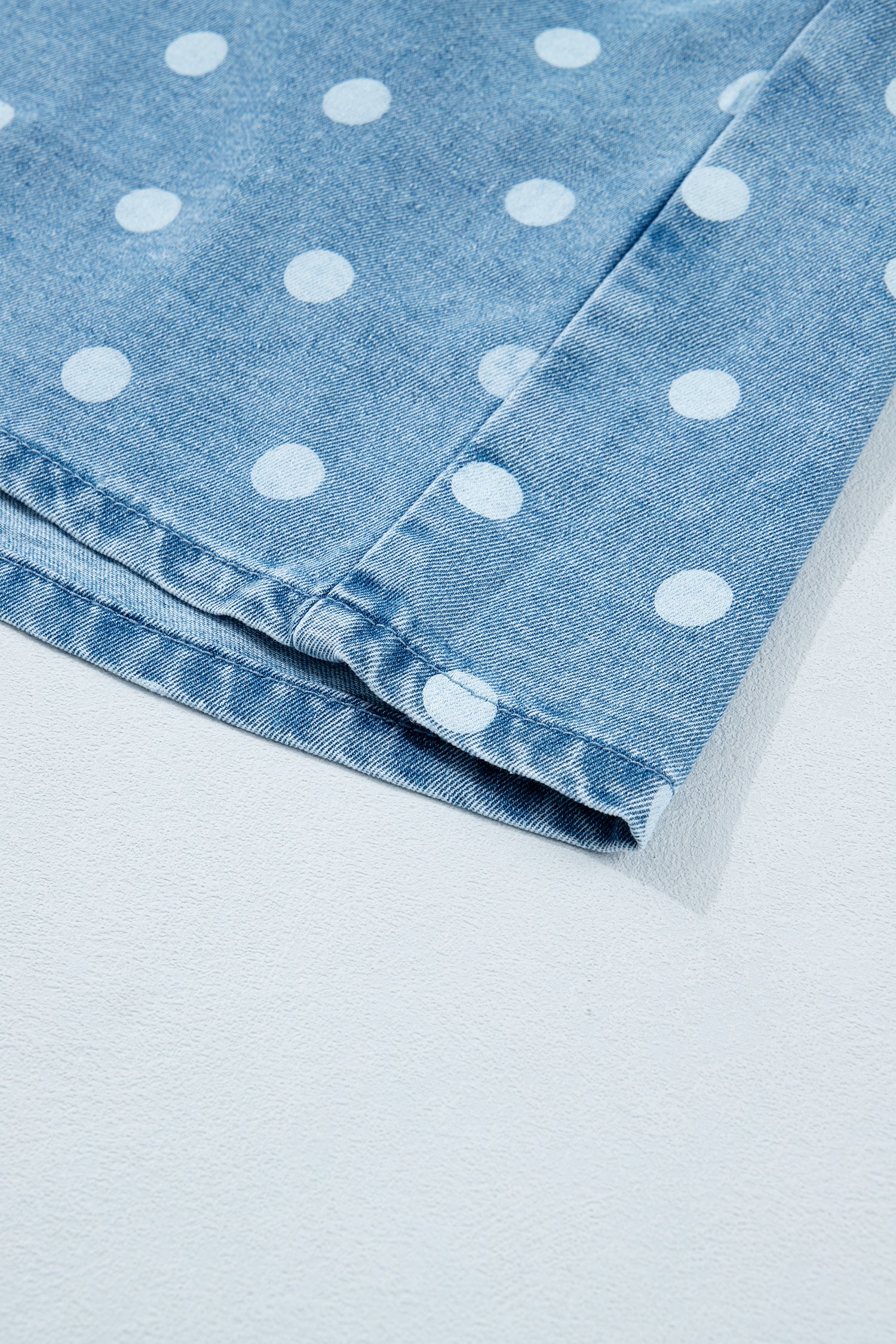 Sky Blue Polka Dot Print Ruffled Short Puff Sleeve Button Down Loose Denim Dress