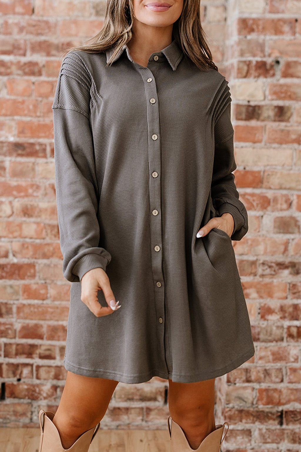 Waffle Knit Pleated Drop Shoulder Shirt Dress