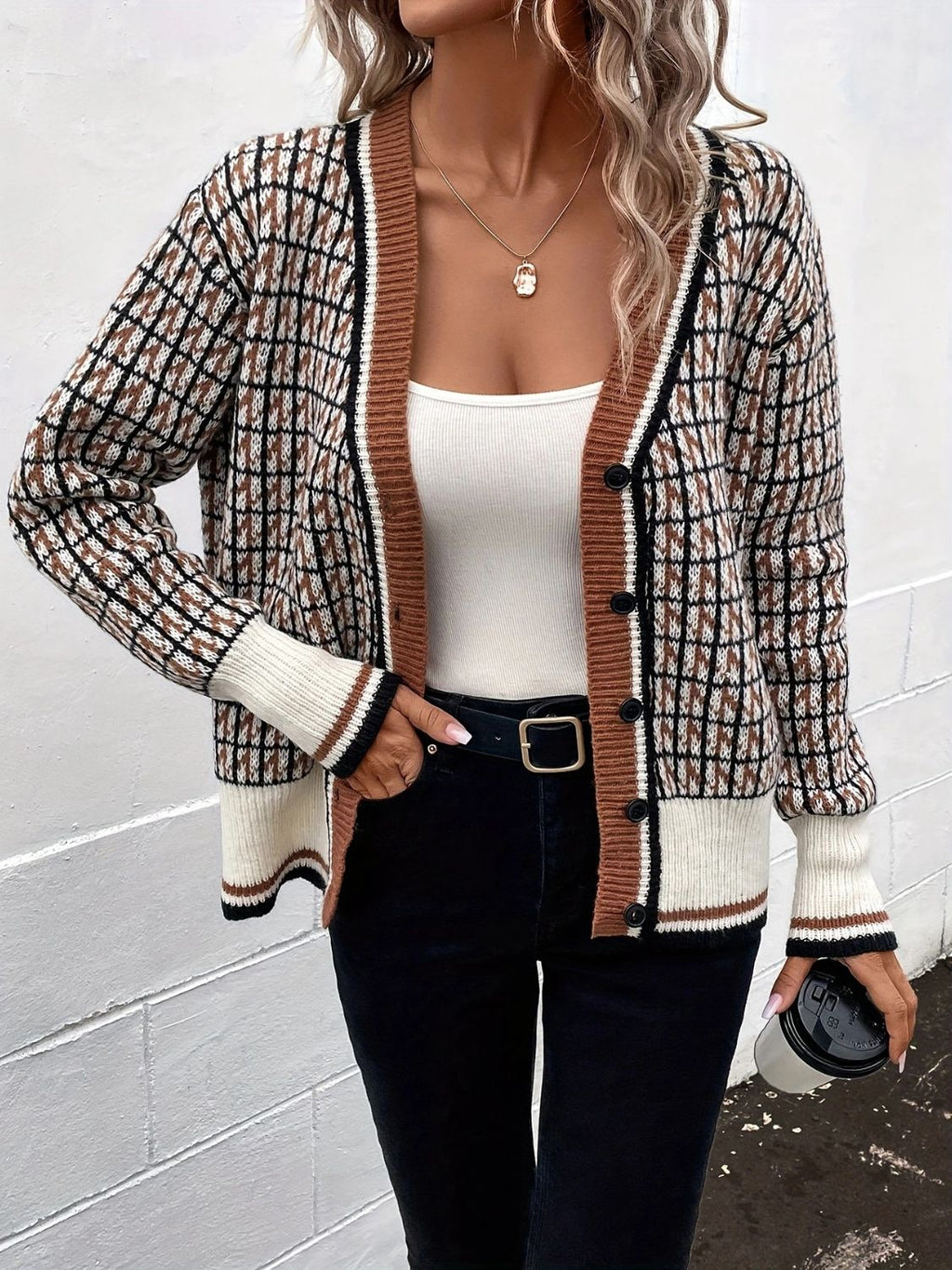 Women's Plaid V-Neck Button Up Knit Cardigan - Image 6