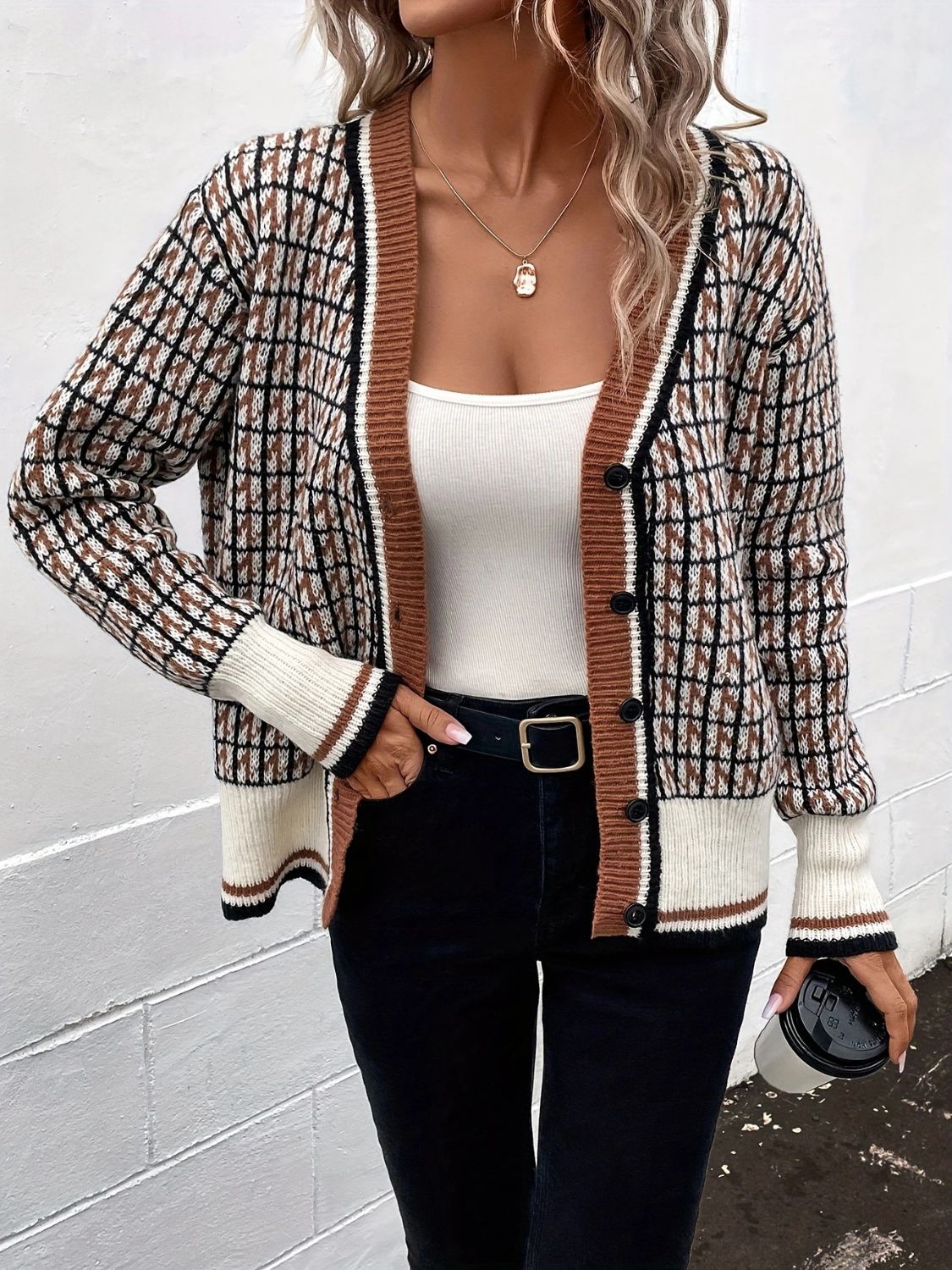 Women's Plaid V-Neck Button Up Knit Cardigan - Image 6