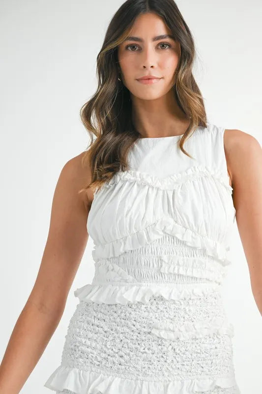White Ruffled Popcorn Smocked Mermaid Midi Dress