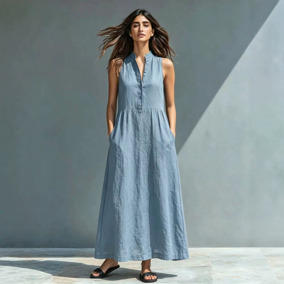 Women's Stand-Collar A-Line Maxi Dress – Resort & Vacation Style