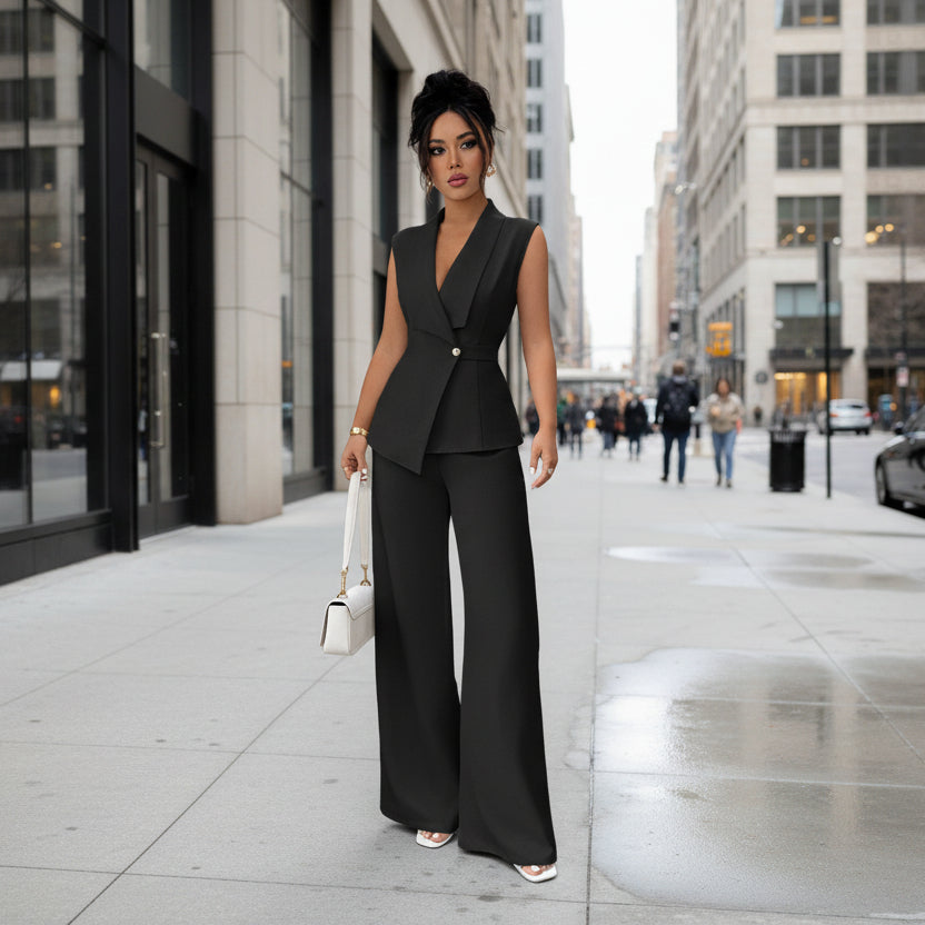 Womens Sleeveless Blazer and Straight Leg Pants Two Piece Set - Image 2