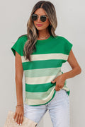Galilea cap sleeve top featuring a green and white striped color-block pattern.