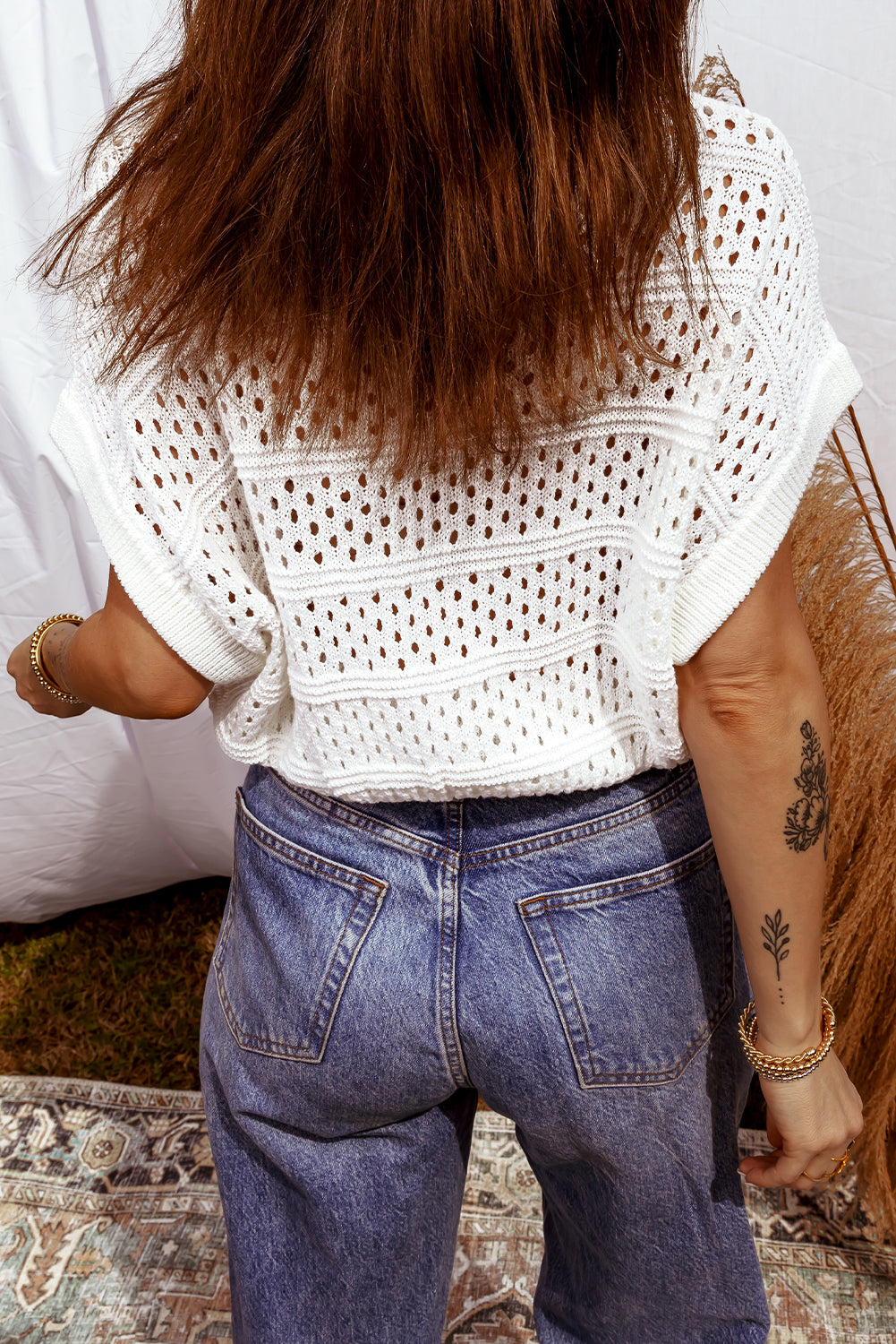 Hollow-Out Knit Round Neck Dolman Sweater