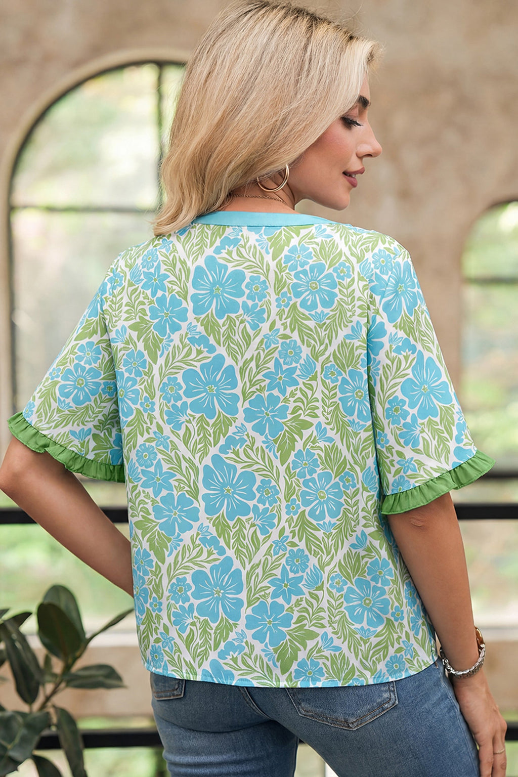 Waverly Floral Half Sleeve Blouse with Trim in Blue & Green