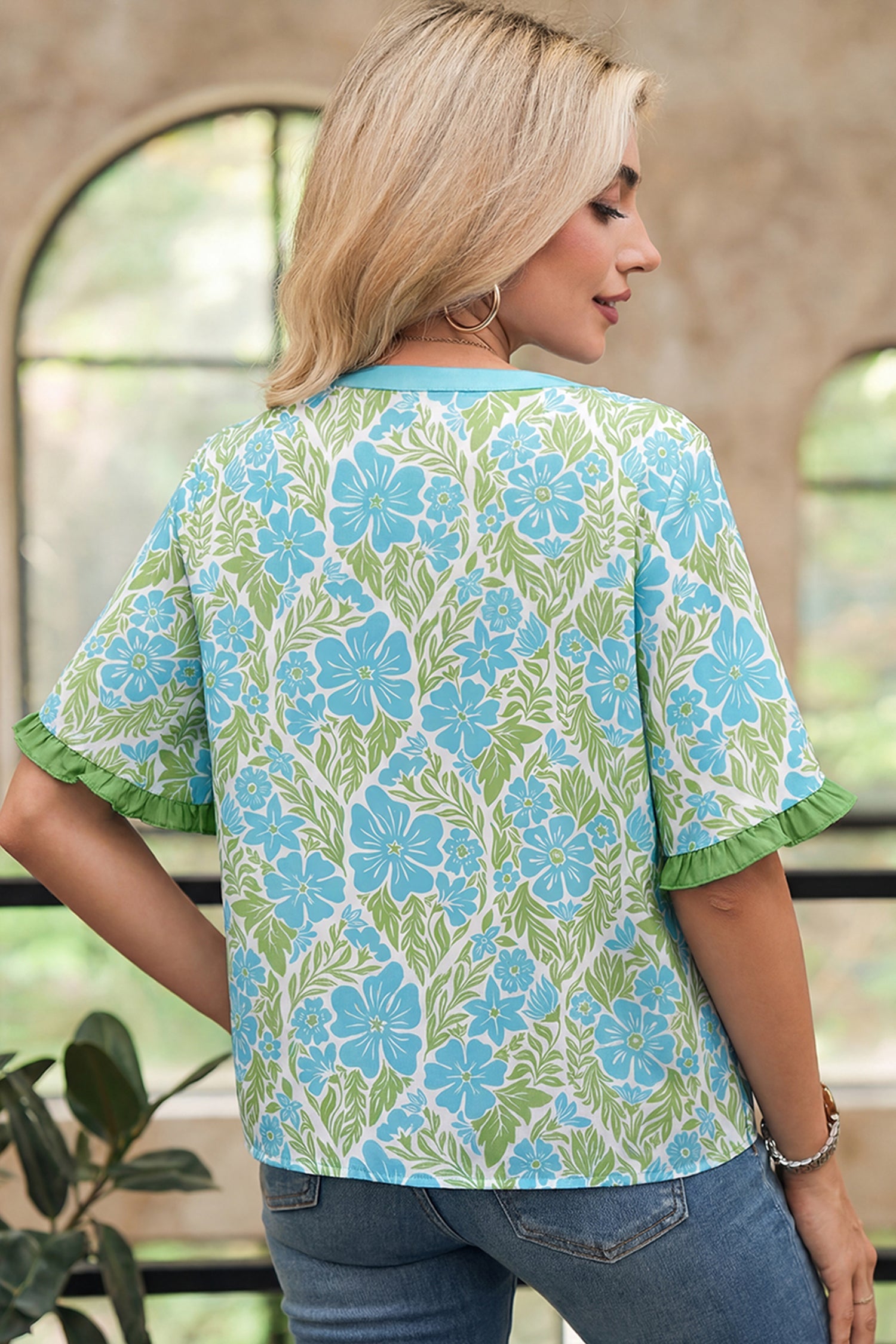 Waverly Floral Half Sleeve Blouse with Trim in Blue & Green