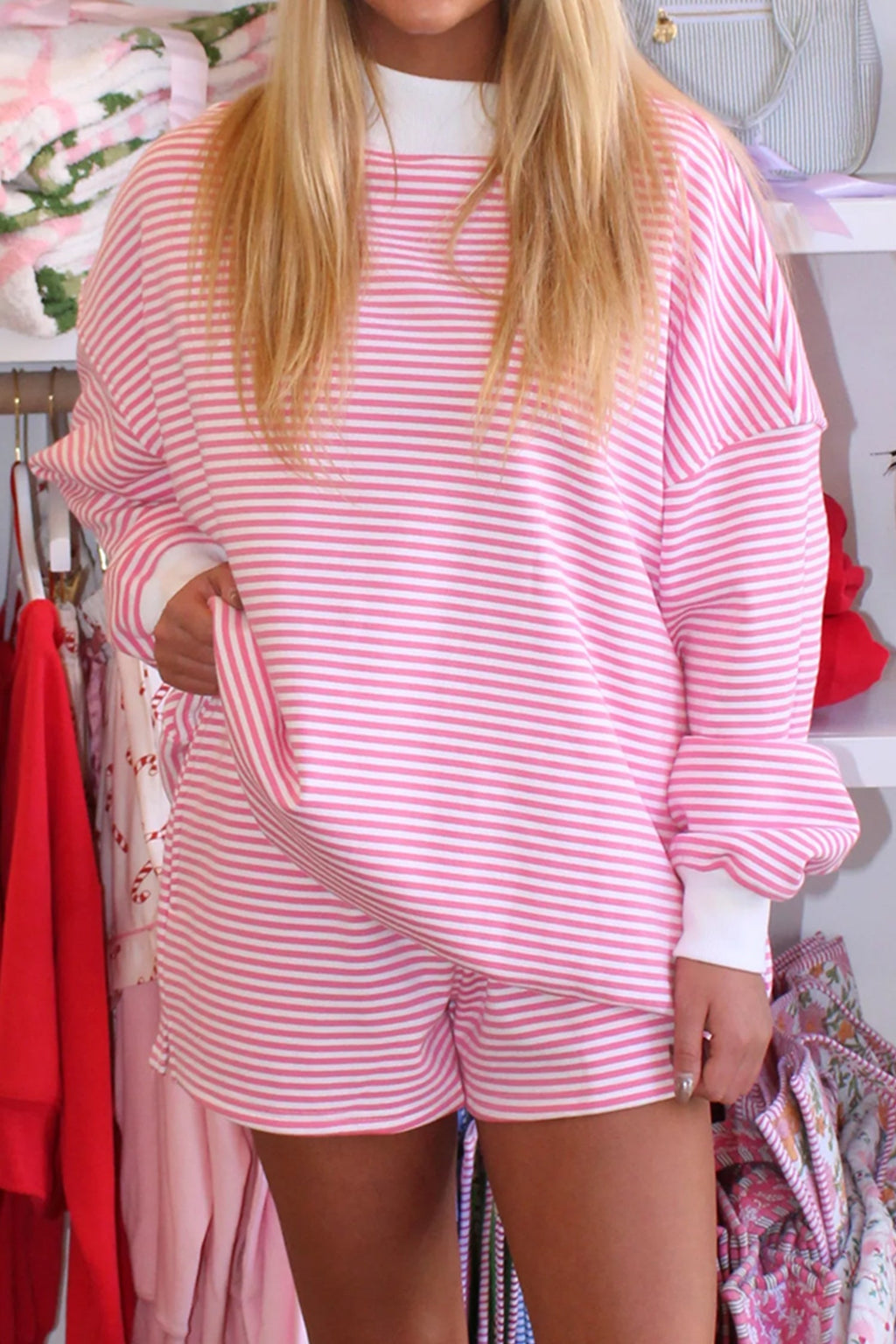 Pink Stripe Oversize Mock Neck Sweatshirt & Shorts Set