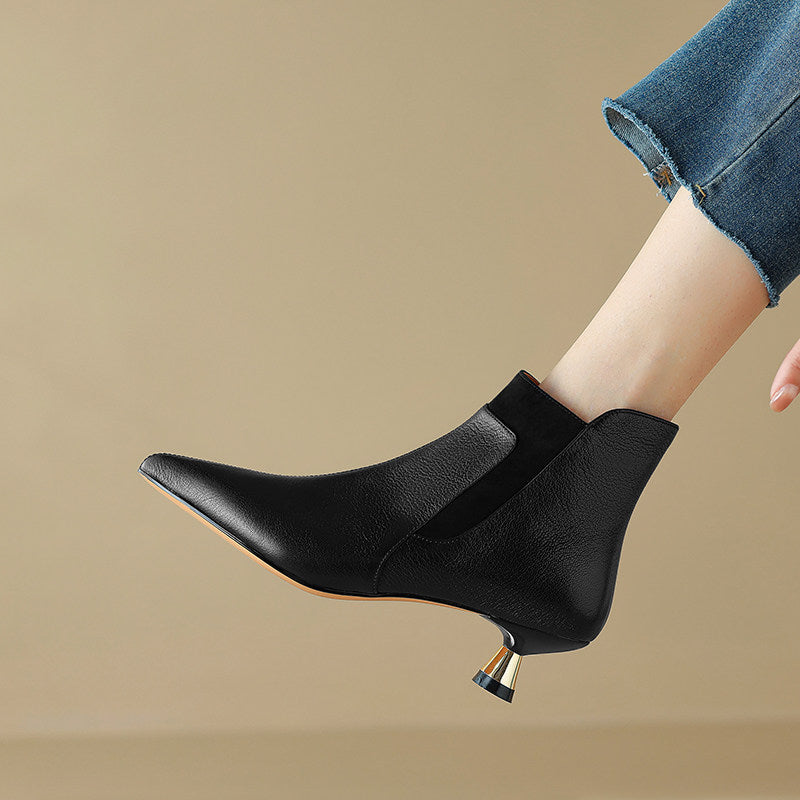 Women's Black Genuine Leather Kitten Heel Ankle Boots Pointed Toe - Image 5
