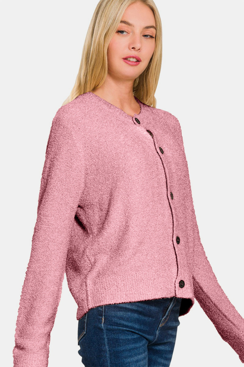 Pink Button-Down Crew Neck Long Sleeve Fuzzy Sweater Cardigan - Image 3