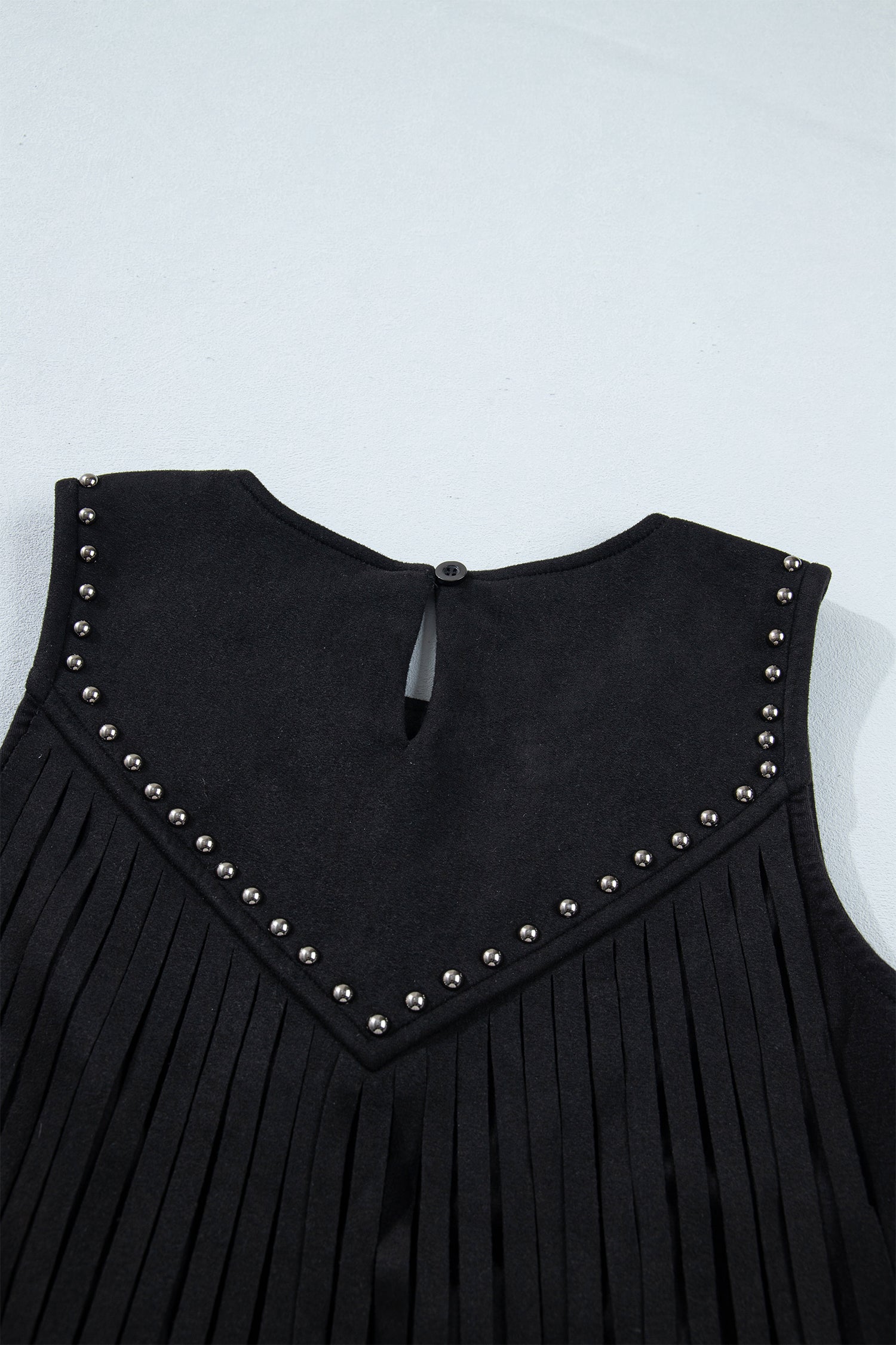 Black Sleeveless Bust Paneling Top with Fringe and Rivets