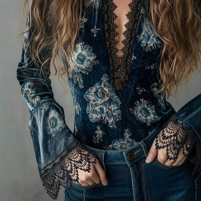 Women's Retro Floral Velvet V-Neck Blouse with Lace Bell Sleeves - Image 6