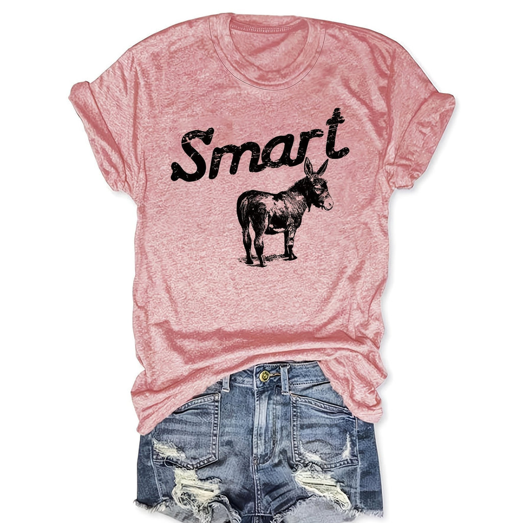 Women's Round Neck Short Sleeve T-Shirt Grey Donkey Graphic Tee
